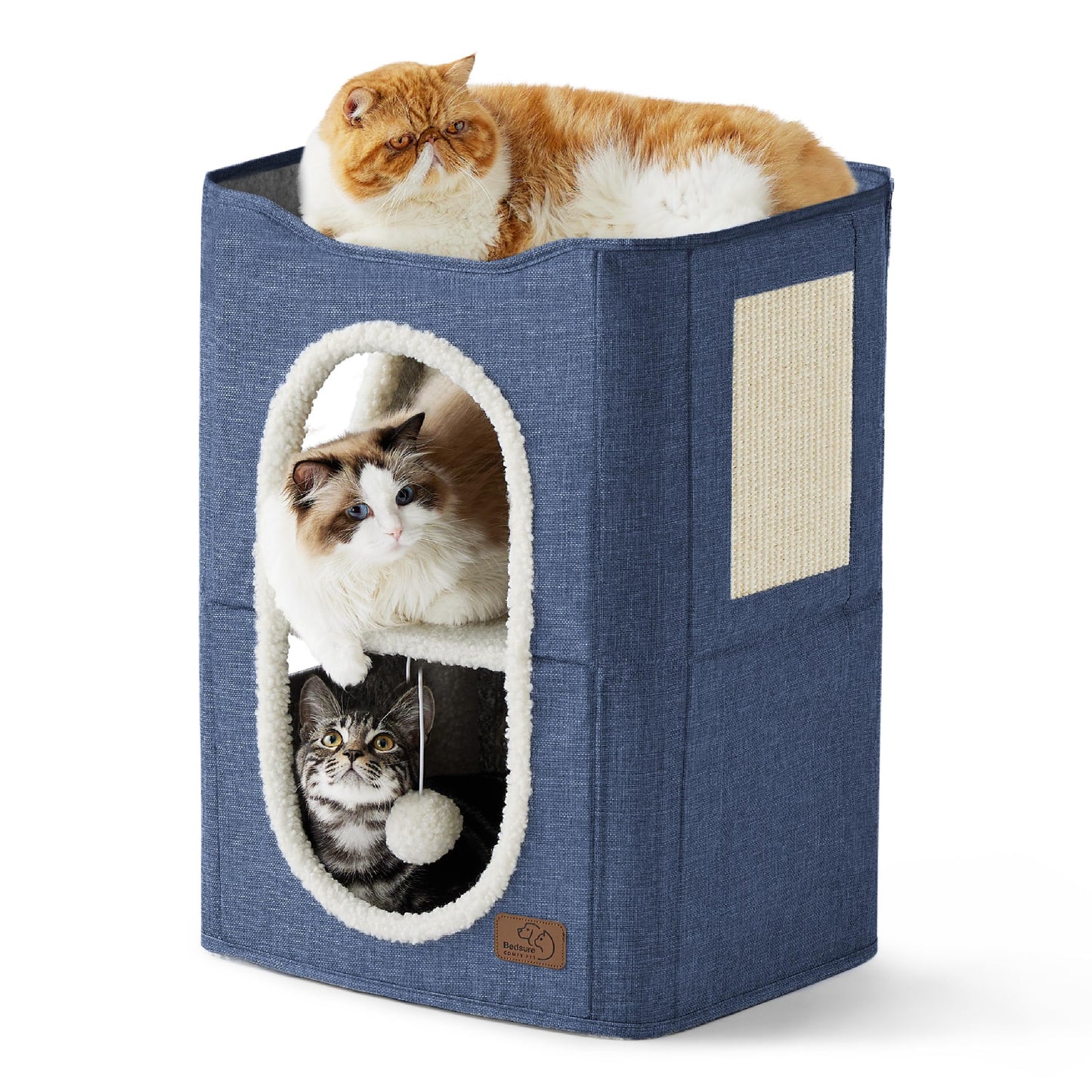 Bedsure Cat Beds for Indoor Cats - Large Cat Cave for Pet Cat House with Fluffy Ball Hanging and Scratch Pad, Foldable Cat Hideaway, 16.5x16.5x13 inches, Grey