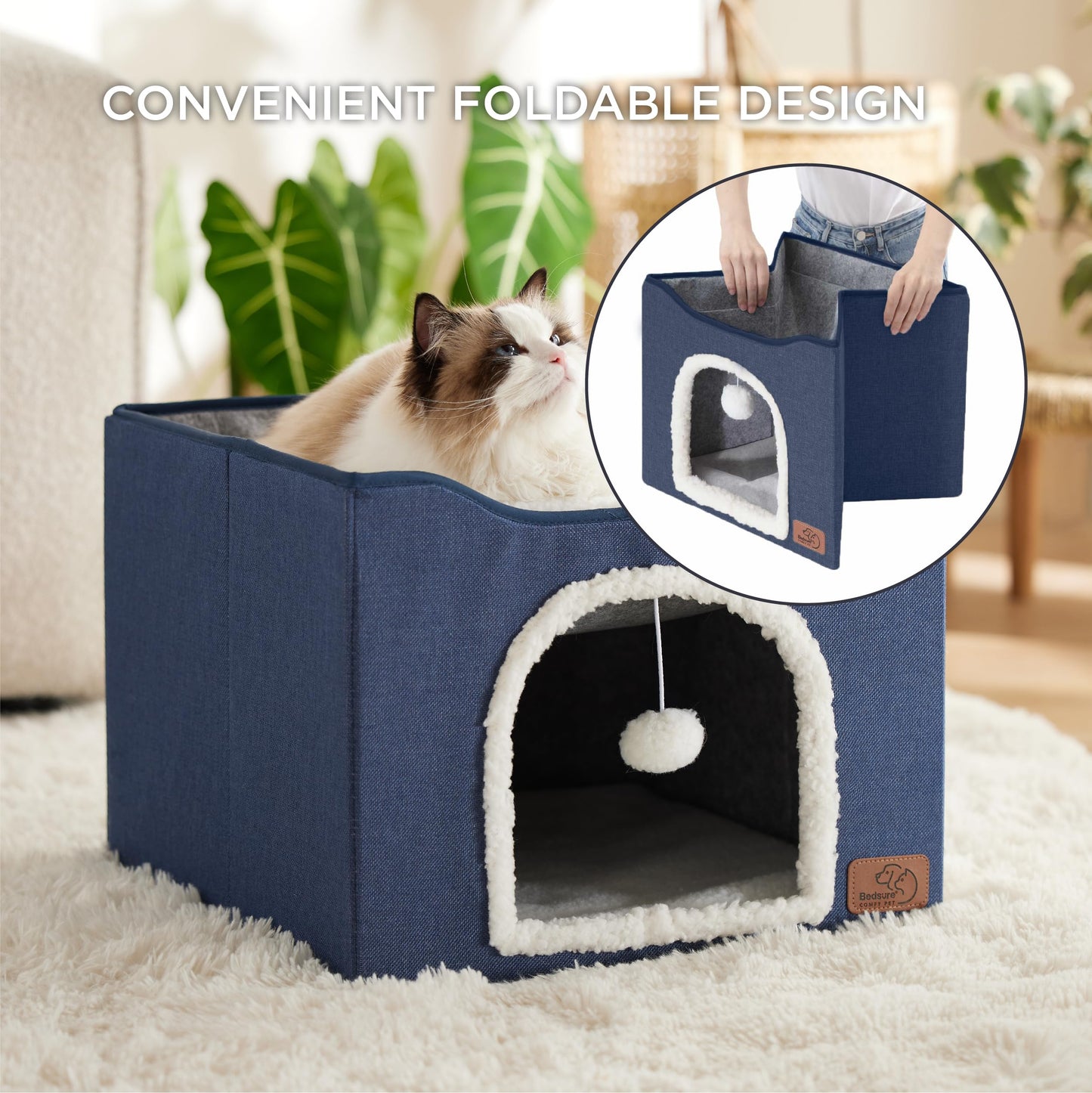 Bedsure Cat Beds for Indoor Cats - Large Cat Cave for Pet Cat House with Fluffy Ball Hanging and Scratch Pad, Foldable Cat Hideaway, 16.5x16.5x13 inches, Grey