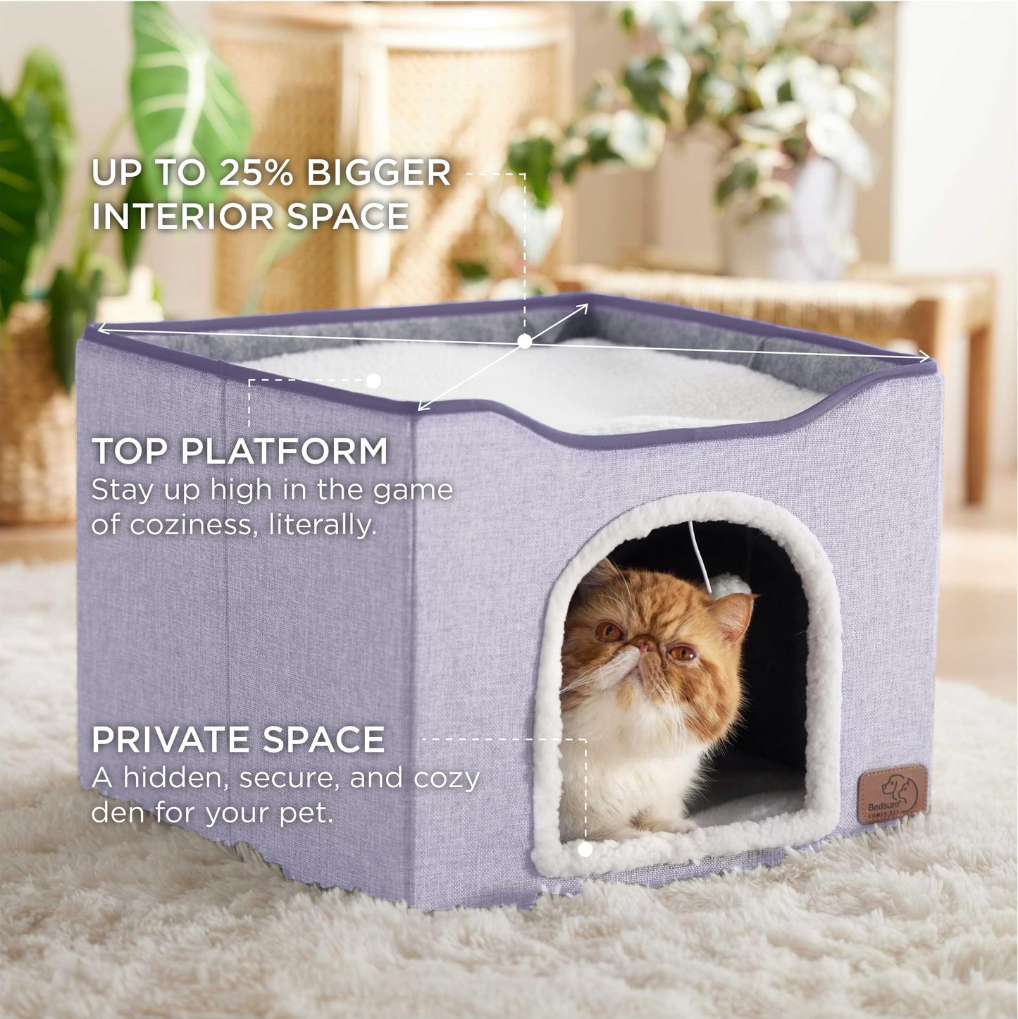 Bedsure Cat Beds for Indoor Cats - Large Cat Cave for Pet Cat House with Fluffy Ball Hanging and Scratch Pad, Foldable Cat Hideaway, 16.5x16.5x13 inches, Grey