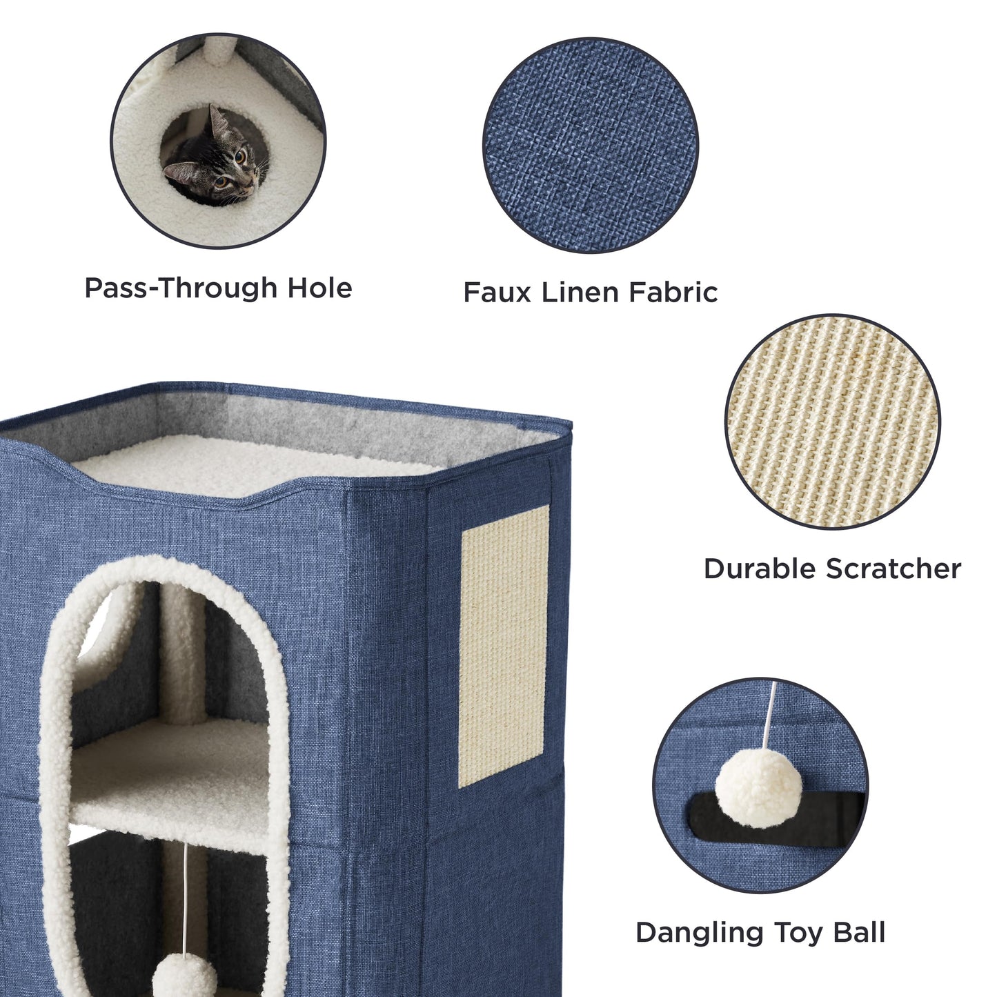 Bedsure Cat Beds for Indoor Cats - Large Cat Cave for Pet Cat House with Fluffy Ball Hanging and Scratch Pad, Foldable Cat Hideaway, 16.5x16.5x13 inches, Grey