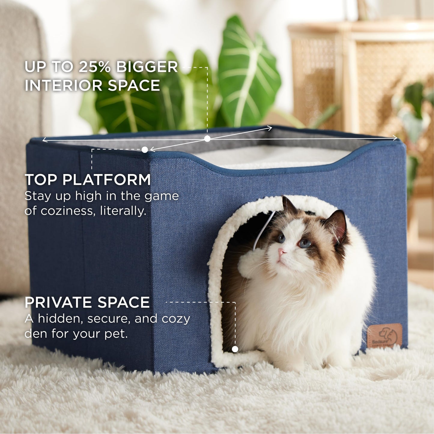 Bedsure Cat Beds for Indoor Cats - Large Cat Cave for Pet Cat House with Fluffy Ball Hanging and Scratch Pad, Foldable Cat Hideaway, 16.5x16.5x13 inches, Grey