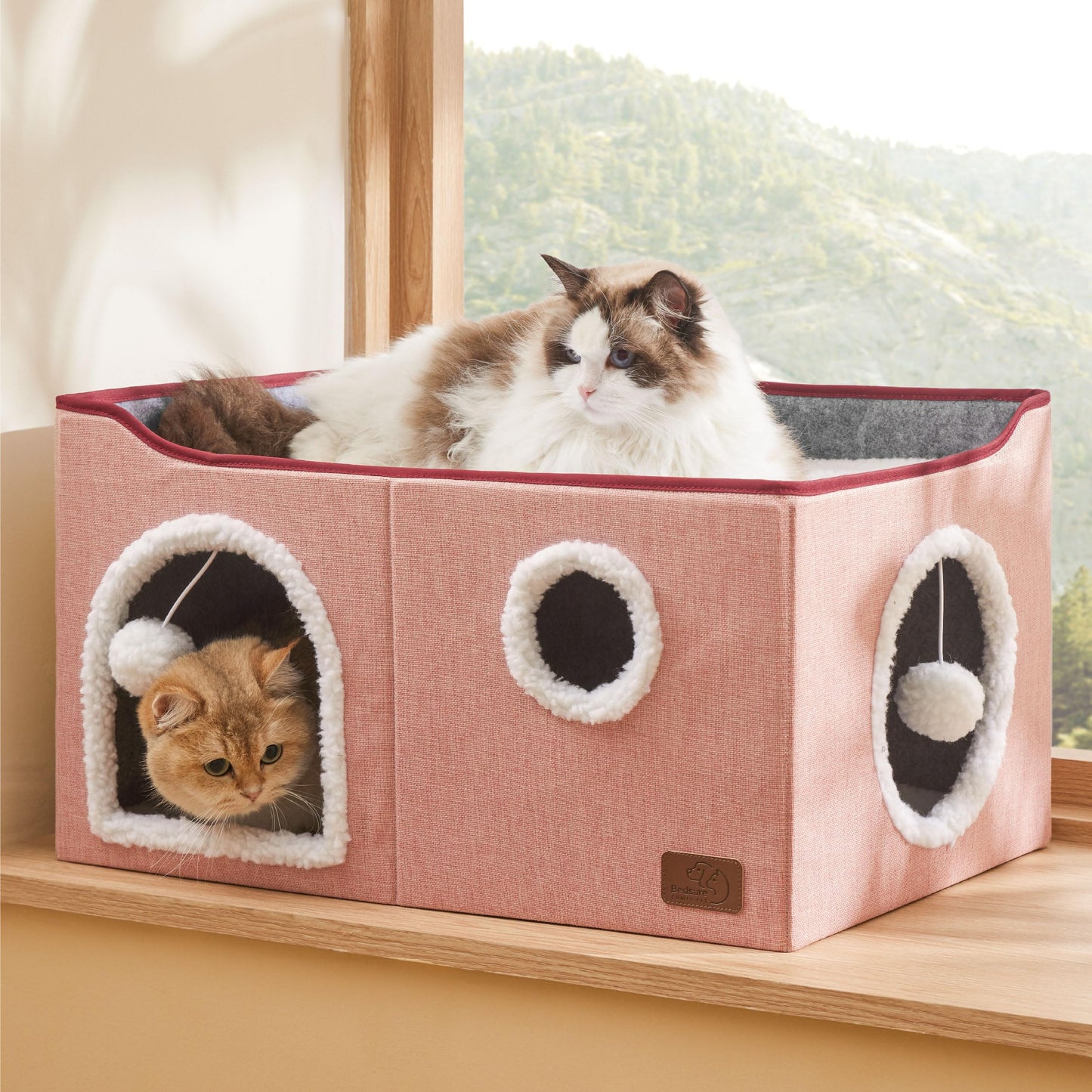 Bedsure Cat Beds for Indoor Cats - Large Cat Cave for Pet Cat House with Fluffy Ball Hanging and Scratch Pad, Foldable Cat Hideaway, 16.5x16.5x13 inches, Grey