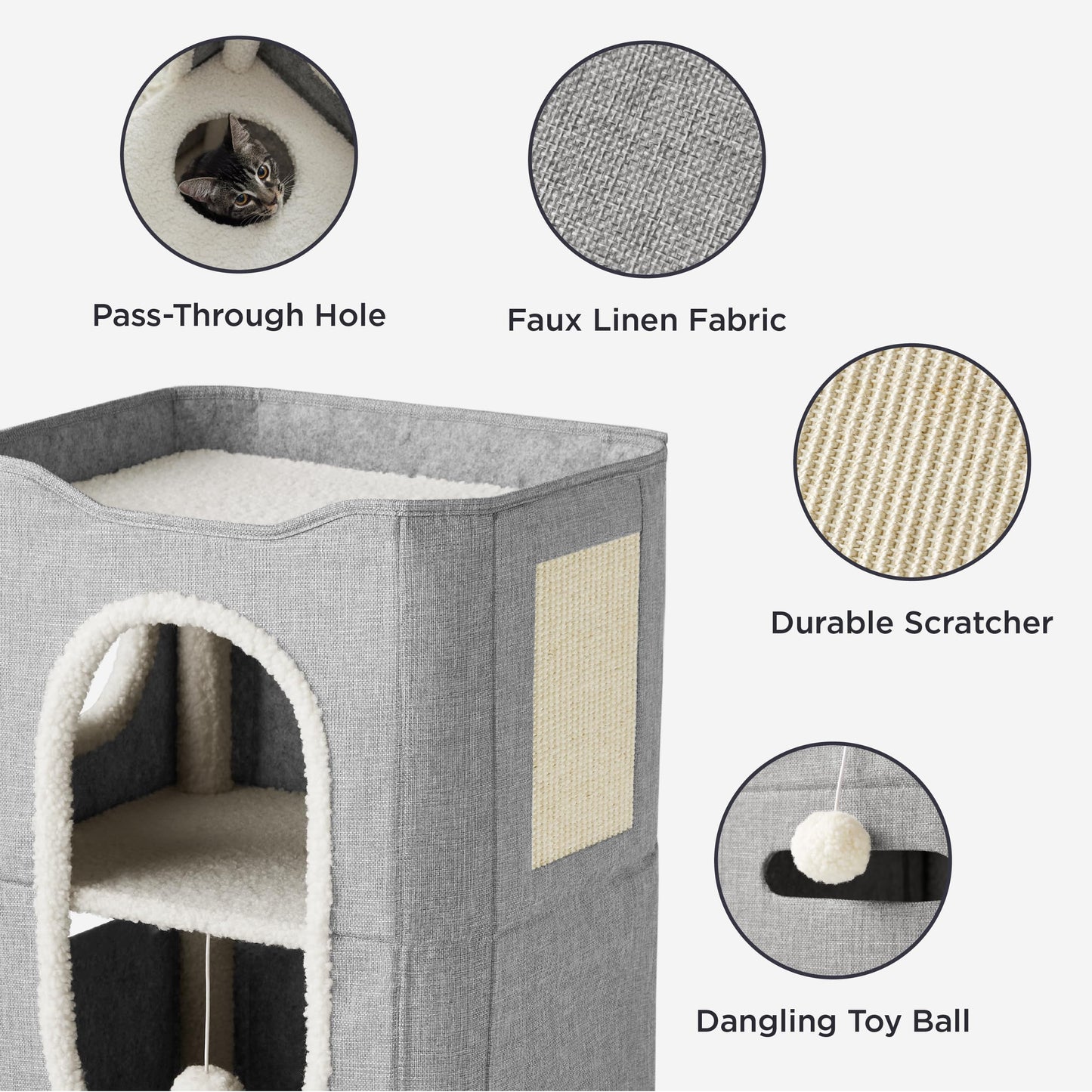 Bedsure Cat Beds for Indoor Cats - Large Cat Cave for Pet Cat House with Fluffy Ball Hanging and Scratch Pad, Foldable Cat Hideaway, 16.5x16.5x13 inches, Grey