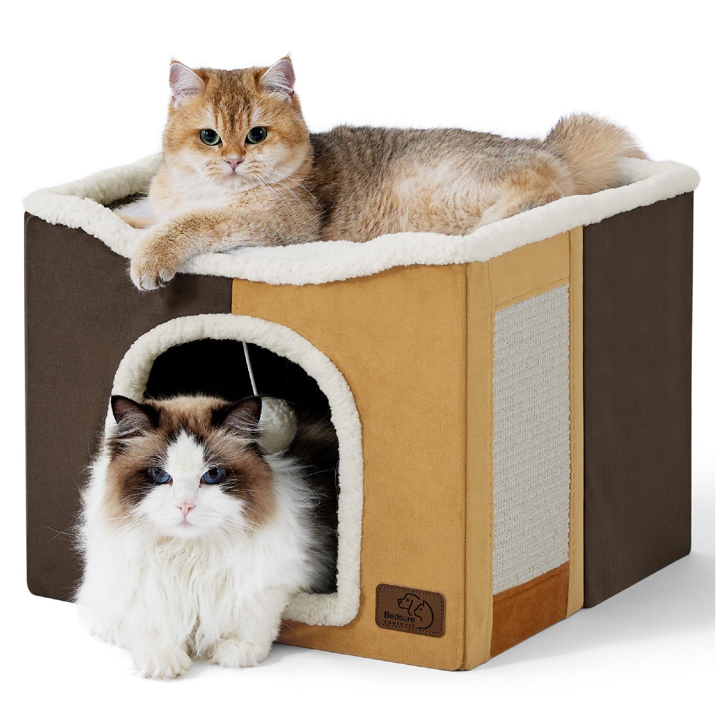 Bedsure Cat Beds for Indoor Cats - Large Cat Cave for Pet Cat House with Fluffy Ball Hanging and Scratch Pad, Foldable Cat Hideaway, 16.5x16.5x13 inches, Grey