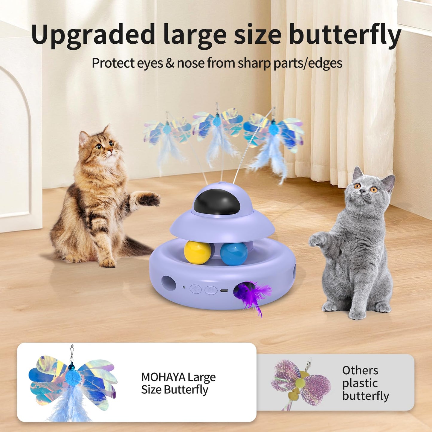 Interactive Cat Toys for Indoor Cats,4-in-1 Automatic Kitten Toy,Motion Activated Electronic Fluttering Butterfly,Track Balls, Moving Feather Toys for All Breeds,USB Rechargeable