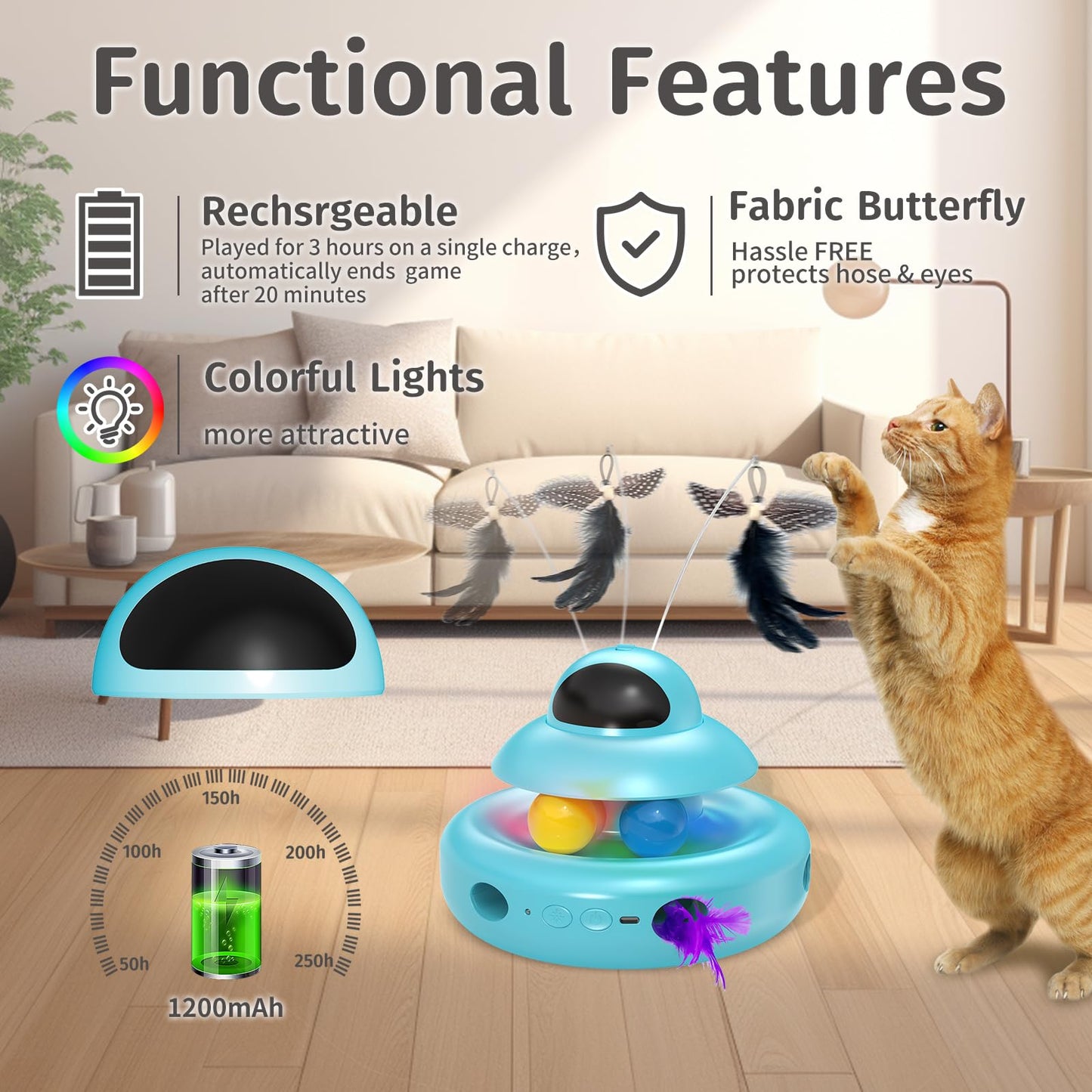 Interactive Cat Toys for Indoor Cats,4-in-1 Automatic Kitten Toy,Motion Activated Electronic Fluttering Butterfly,Track Balls, Moving Feather Toys for All Breeds,USB Rechargeable
