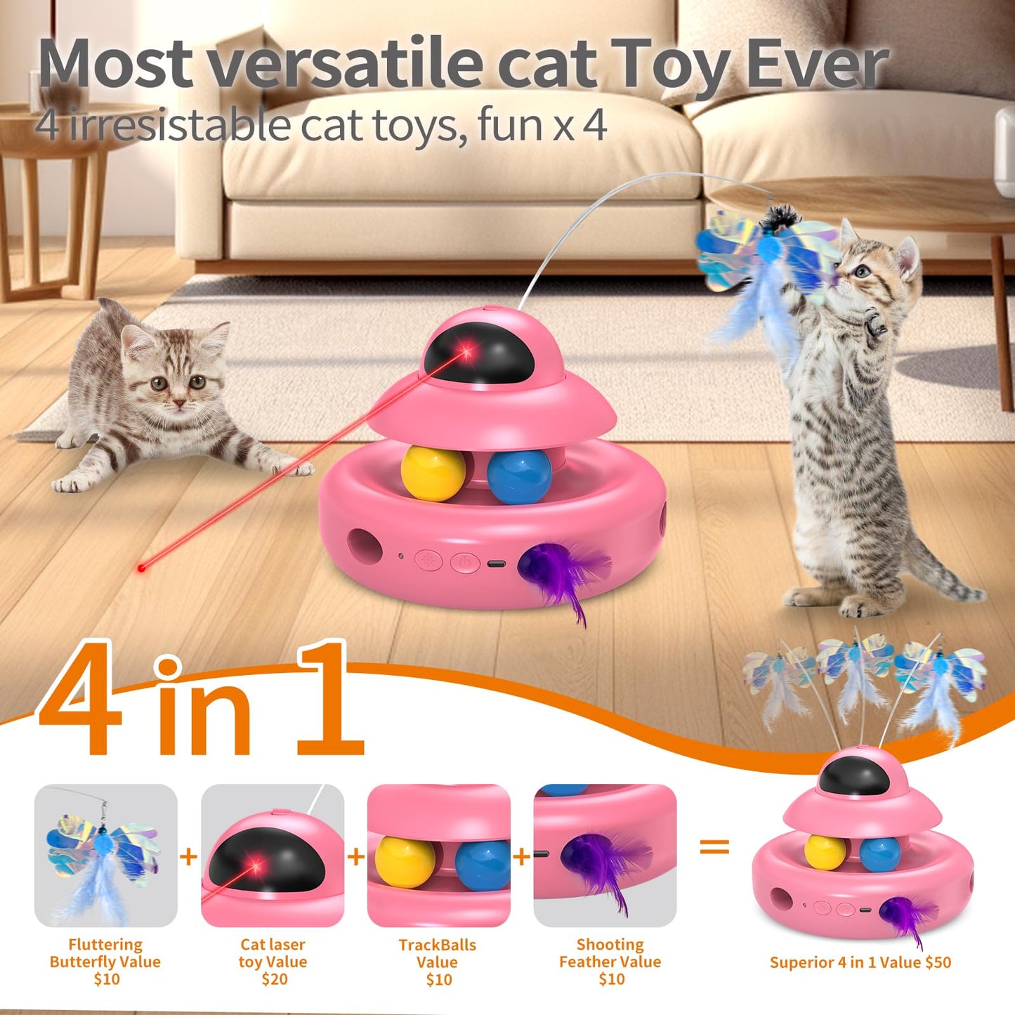 Interactive Cat Toys for Indoor Cats,4-in-1 Automatic Kitten Toy,Motion Activated Electronic Fluttering Butterfly,Track Balls, Moving Feather Toys for All Breeds,USB Rechargeable