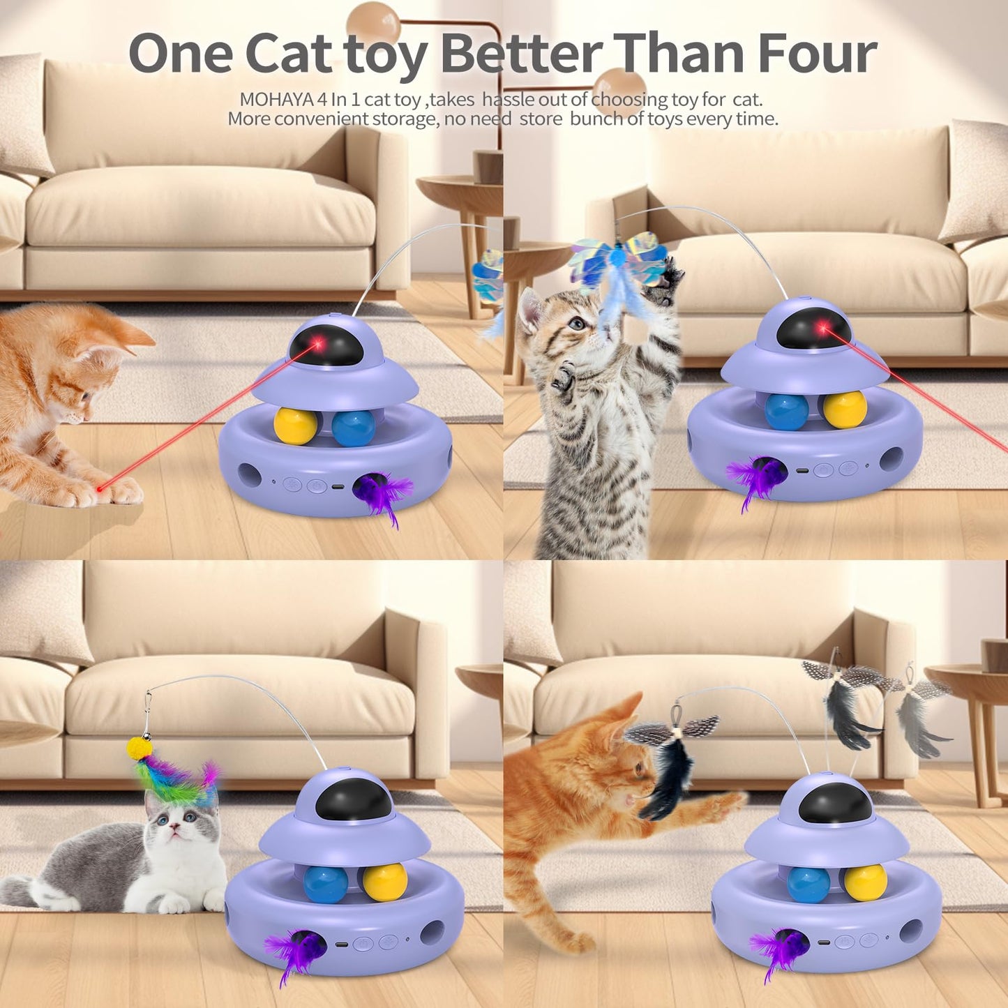 Interactive Cat Toys for Indoor Cats,4-in-1 Automatic Kitten Toy,Motion Activated Electronic Fluttering Butterfly,Track Balls, Moving Feather Toys for All Breeds,USB Rechargeable