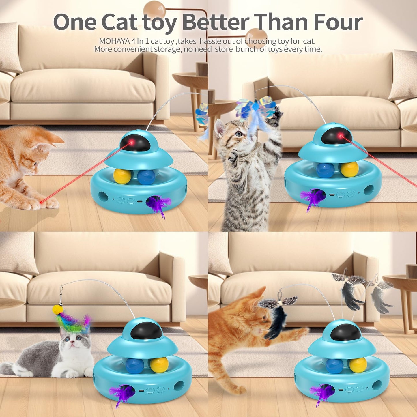 Interactive Cat Toys for Indoor Cats,4-in-1 Automatic Kitten Toy,Motion Activated Electronic Fluttering Butterfly,Track Balls, Moving Feather Toys for All Breeds,USB Rechargeable