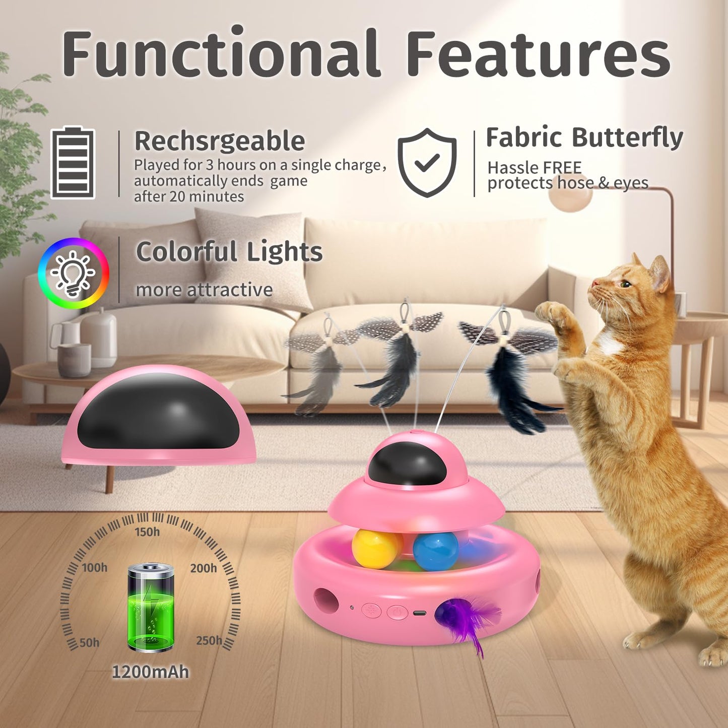 Interactive Cat Toys for Indoor Cats,4-in-1 Automatic Kitten Toy,Motion Activated Electronic Fluttering Butterfly,Track Balls, Moving Feather Toys for All Breeds,USB Rechargeable