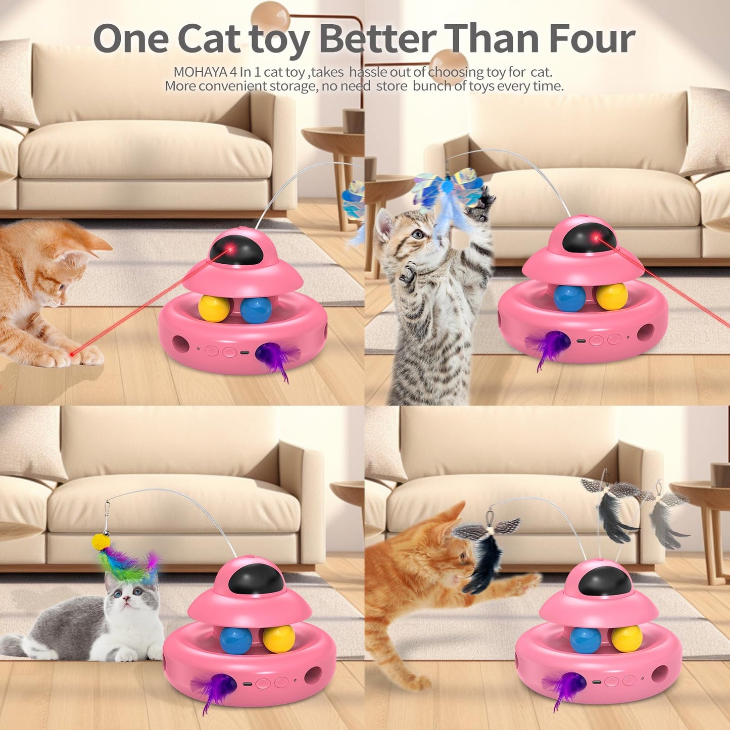 Interactive Cat Toys for Indoor Cats,4-in-1 Automatic Kitten Toy,Motion Activated Electronic Fluttering Butterfly,Track Balls, Moving Feather Toys for All Breeds,USB Rechargeable