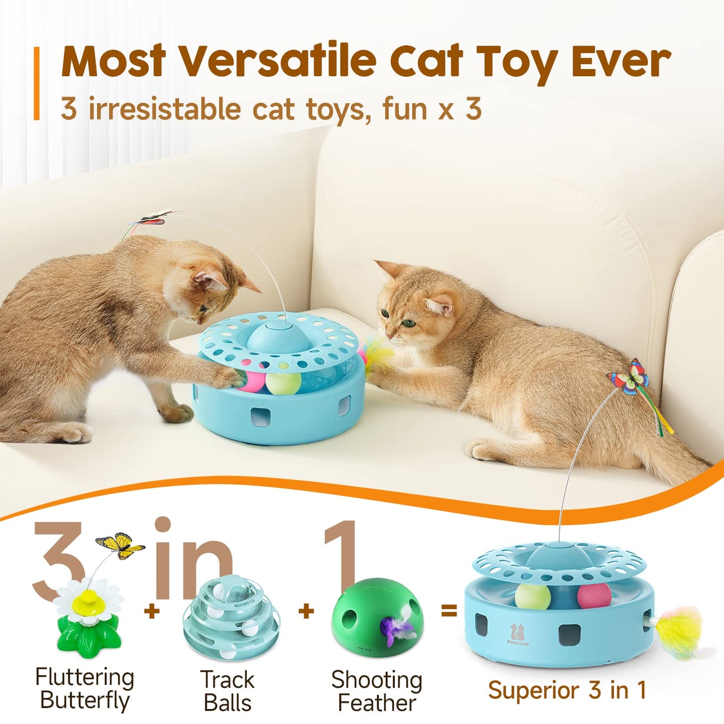 Potaroma Cat Toys 3in1 Automatic Interactive Kitten Toy, Fluttering Butterfly, Moving Feather, Track Balls, Dual Power Supplies, USB Powered, Indoor Exercise Kicker (Bright White)