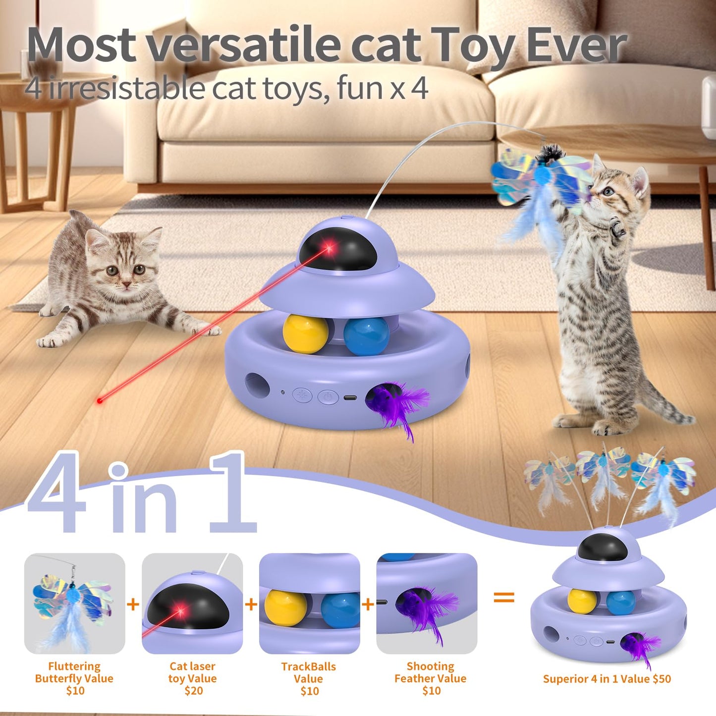 Interactive Cat Toys for Indoor Cats,4-in-1 Automatic Kitten Toy,Motion Activated Electronic Fluttering Butterfly,Track Balls, Moving Feather Toys for All Breeds,USB Rechargeable