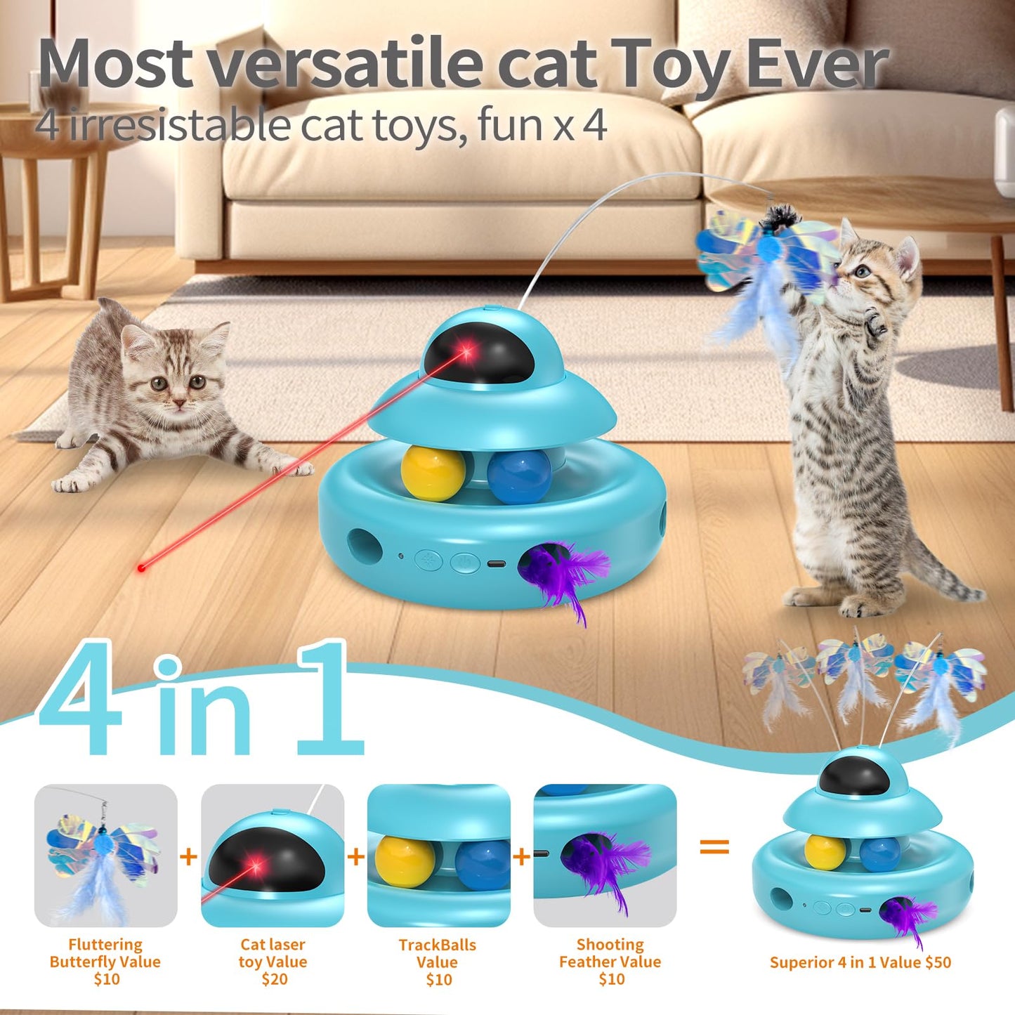 Interactive Cat Toys for Indoor Cats,4-in-1 Automatic Kitten Toy,Motion Activated Electronic Fluttering Butterfly,Track Balls, Moving Feather Toys for All Breeds,USB Rechargeable