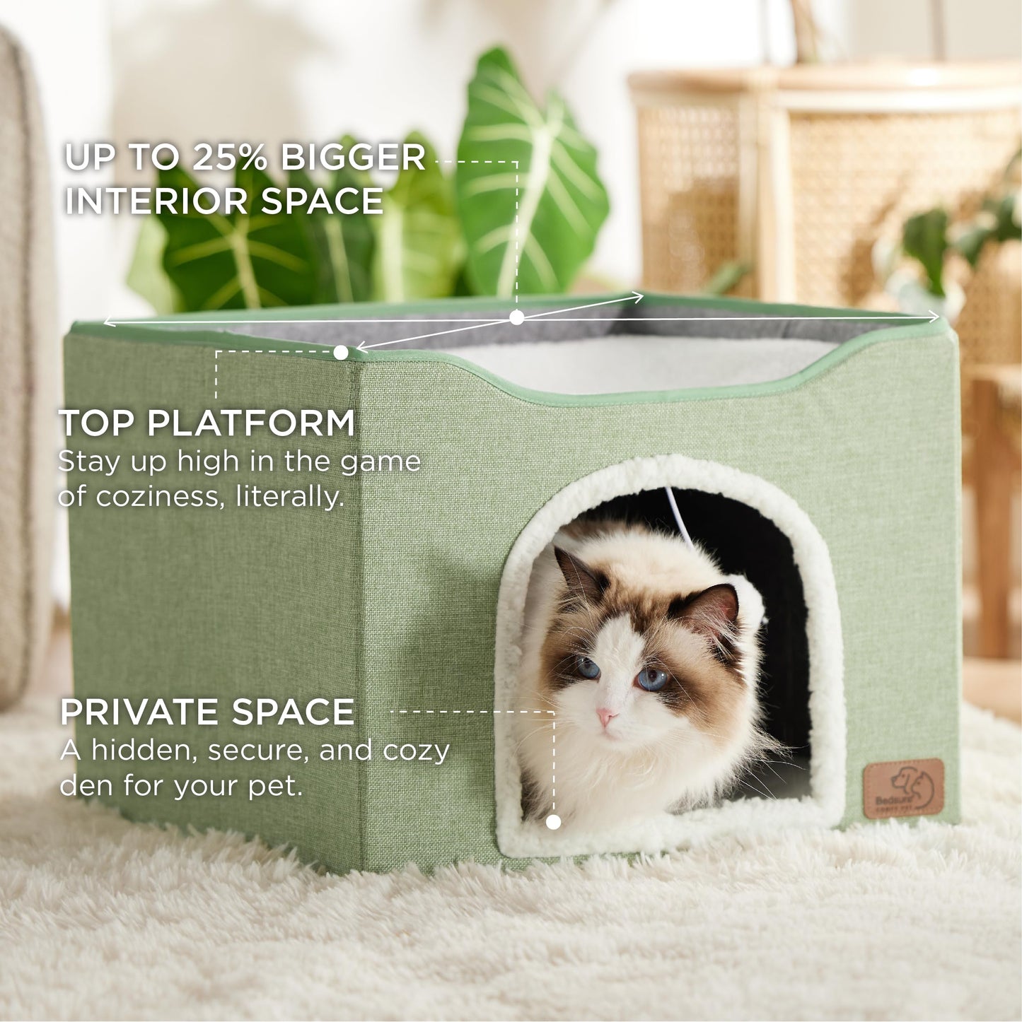 Bedsure Cat Beds for Indoor Cats - Large Cat Cave for Pet Cat House with Fluffy Ball Hanging and Scratch Pad, Foldable Cat Hideaway, 16.5x16.5x13 inches, Grey