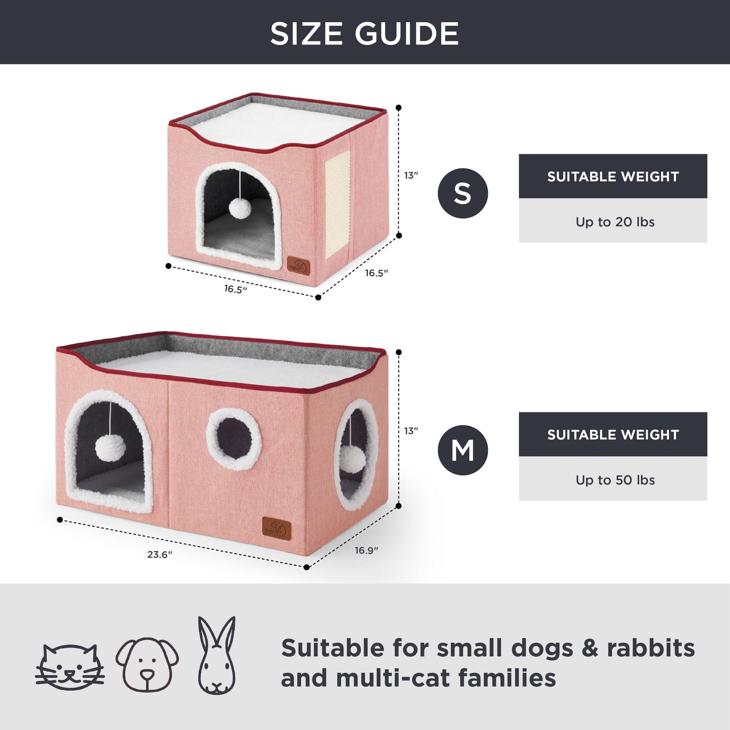 Bedsure Cat Beds for Indoor Cats - Large Cat Cave for Pet Cat House with Fluffy Ball Hanging and Scratch Pad, Foldable Cat Hideaway, 16.5x16.5x13 inches, Grey