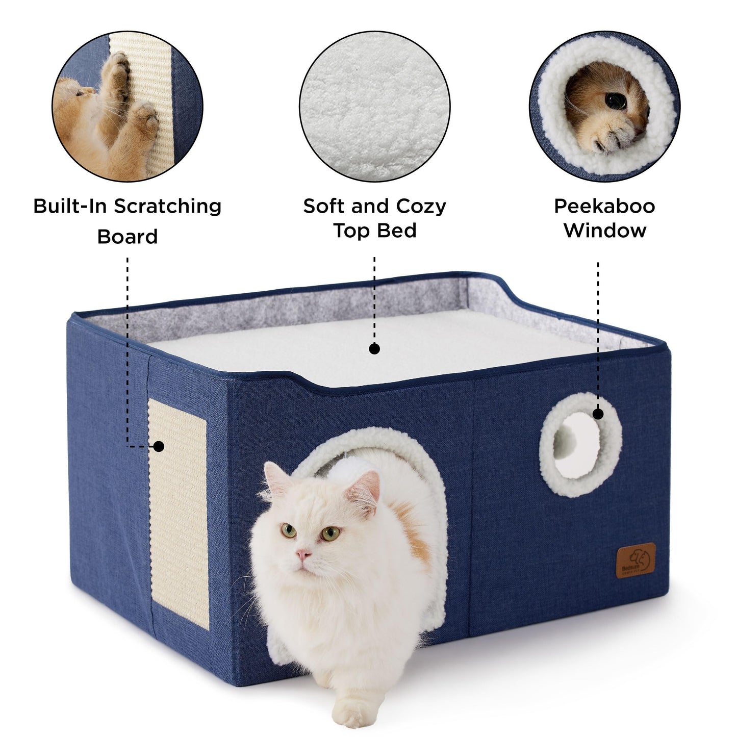 Bedsure Cat Beds for Indoor Cats - Large Cat Cave for Pet Cat House with Fluffy Ball Hanging and Scratch Pad, Foldable Cat Hideaway, 16.5x16.5x13 inches, Grey
