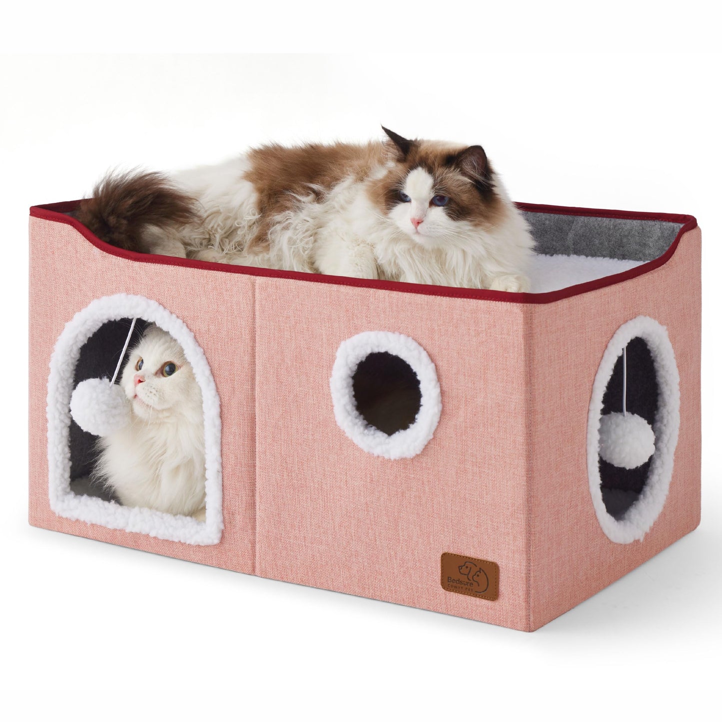 Bedsure Cat Beds for Indoor Cats - Large Cat Cave for Pet Cat House with Fluffy Ball Hanging and Scratch Pad, Foldable Cat Hideaway, 16.5x16.5x13 inches, Grey