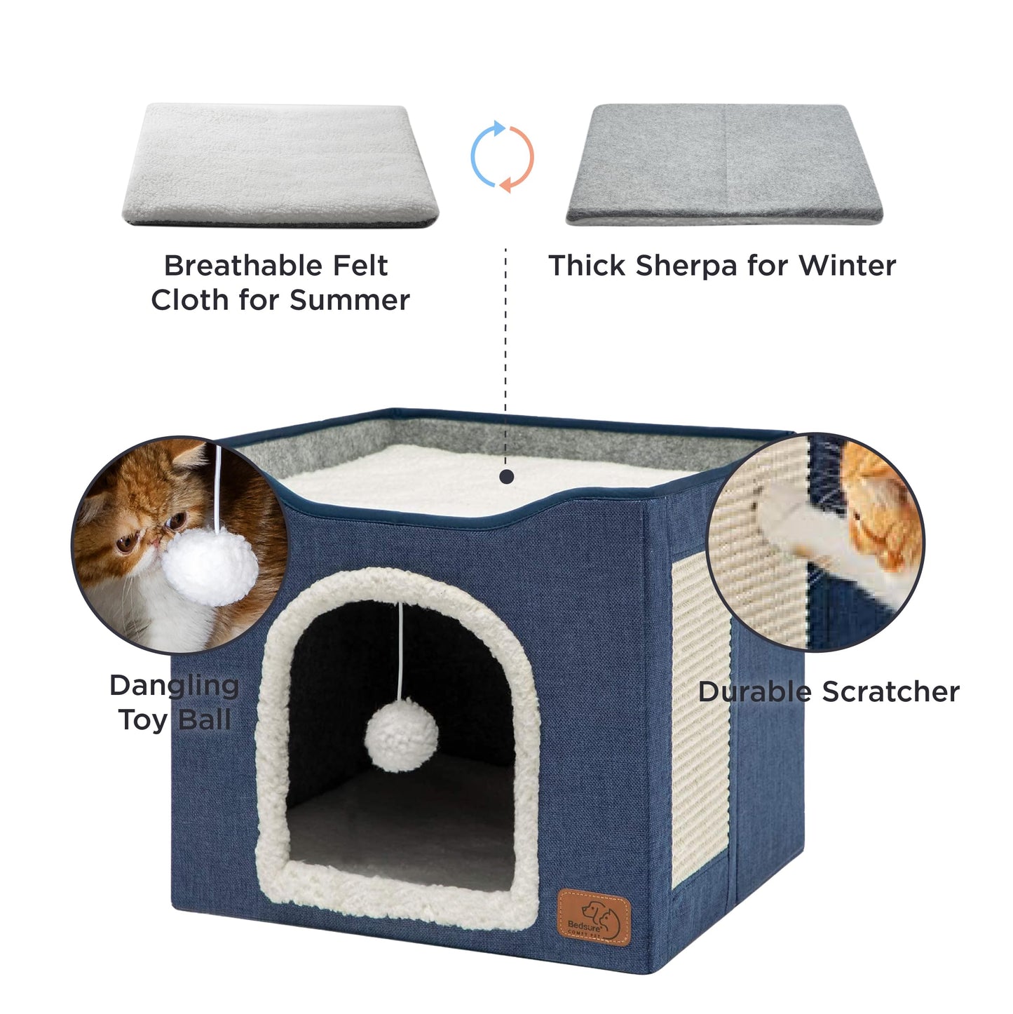 Bedsure Cat Beds for Indoor Cats - Large Cat Cave for Pet Cat House with Fluffy Ball Hanging and Scratch Pad, Foldable Cat Hideaway, 16.5x16.5x13 inches, Grey