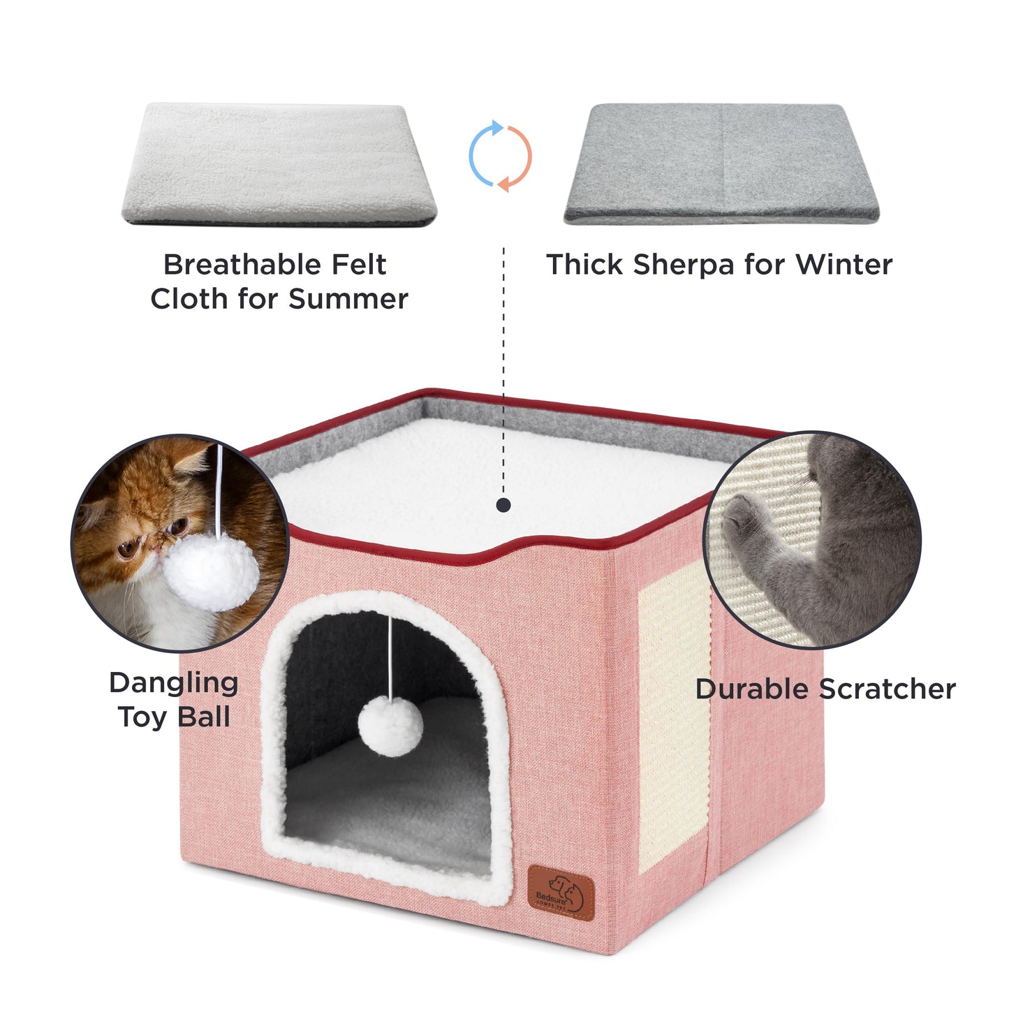 Bedsure Cat Beds for Indoor Cats - Large Cat Cave for Pet Cat House with Fluffy Ball Hanging and Scratch Pad, Foldable Cat Hideaway, 16.5x16.5x13 inches, Grey