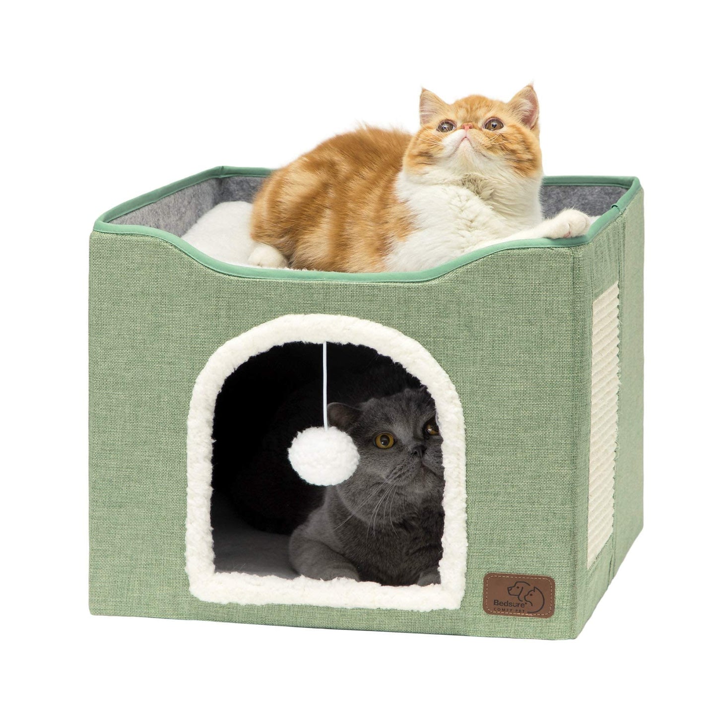 Bedsure Cat Beds for Indoor Cats - Large Cat Cave for Pet Cat House with Fluffy Ball Hanging and Scratch Pad, Foldable Cat Hideaway, 16.5x16.5x13 inches, Grey
