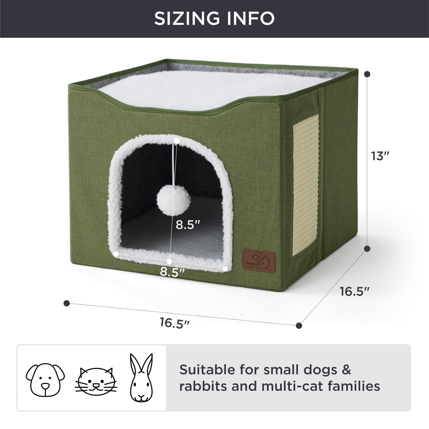 Bedsure Cat Beds for Indoor Cats - Large Cat Cave for Pet Cat House with Fluffy Ball Hanging and Scratch Pad, Foldable Cat Hideaway, 16.5x16.5x13 inches, Grey