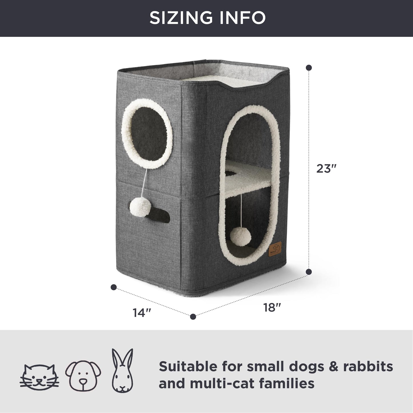 Bedsure Cat Beds for Indoor Cats - Large Cat Cave for Pet Cat House with Fluffy Ball Hanging and Scratch Pad, Foldable Cat Hideaway, 16.5x16.5x13 inches, Grey