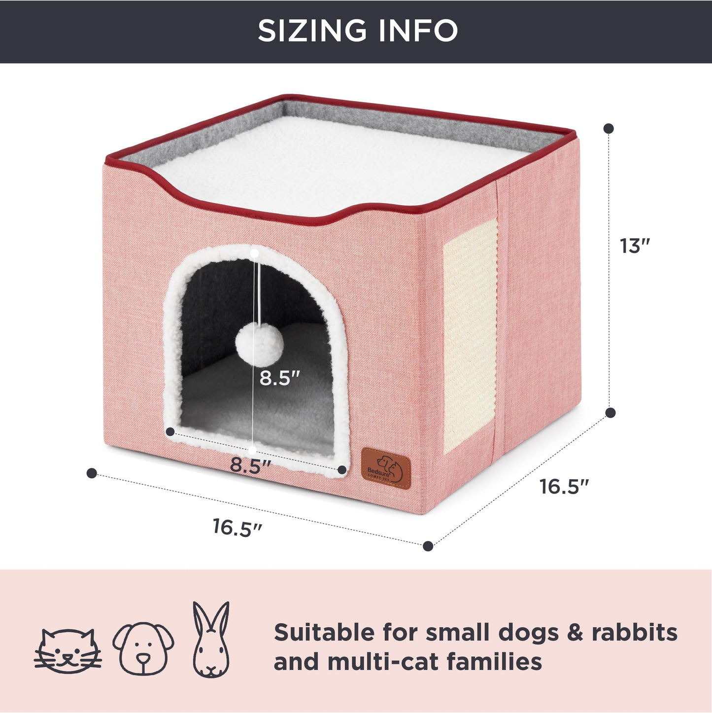 Bedsure Cat Beds for Indoor Cats - Large Cat Cave for Pet Cat House with Fluffy Ball Hanging and Scratch Pad, Foldable Cat Hideaway, 16.5x16.5x13 inches, Grey