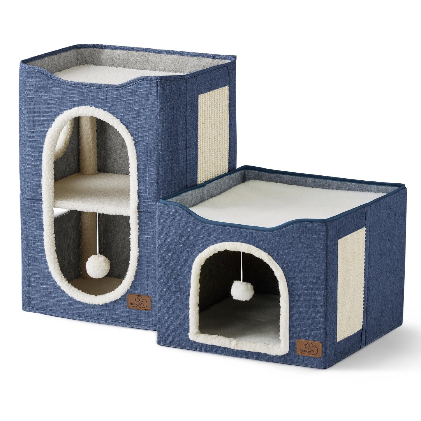 Bedsure Cat Beds for Indoor Cats - Large Cat Cave for Pet Cat House with Fluffy Ball Hanging and Scratch Pad, Foldable Cat Hideaway, 16.5x16.5x13 inches, Grey