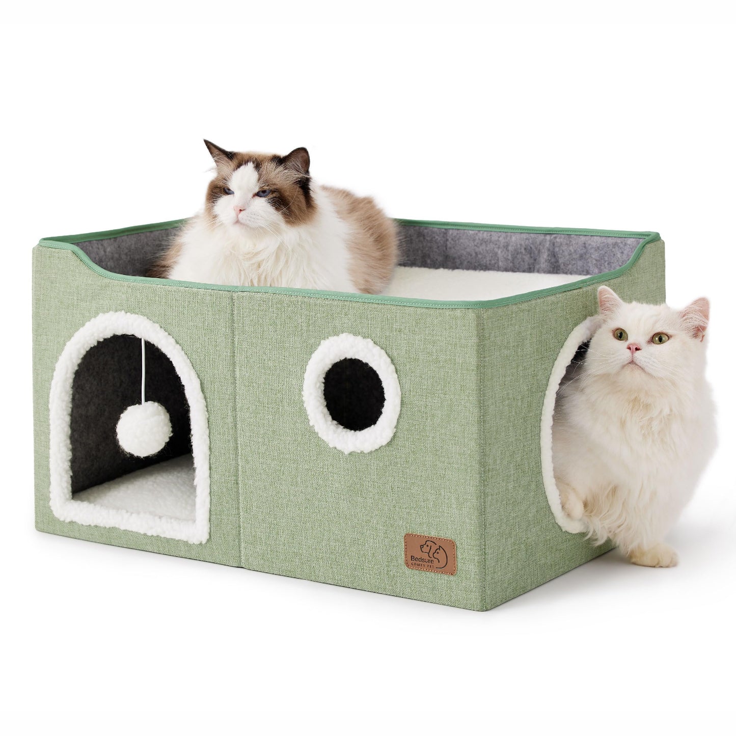 Bedsure Cat Beds for Indoor Cats - Large Cat Cave for Pet Cat House with Fluffy Ball Hanging and Scratch Pad, Foldable Cat Hideaway, 16.5x16.5x13 inches, Grey