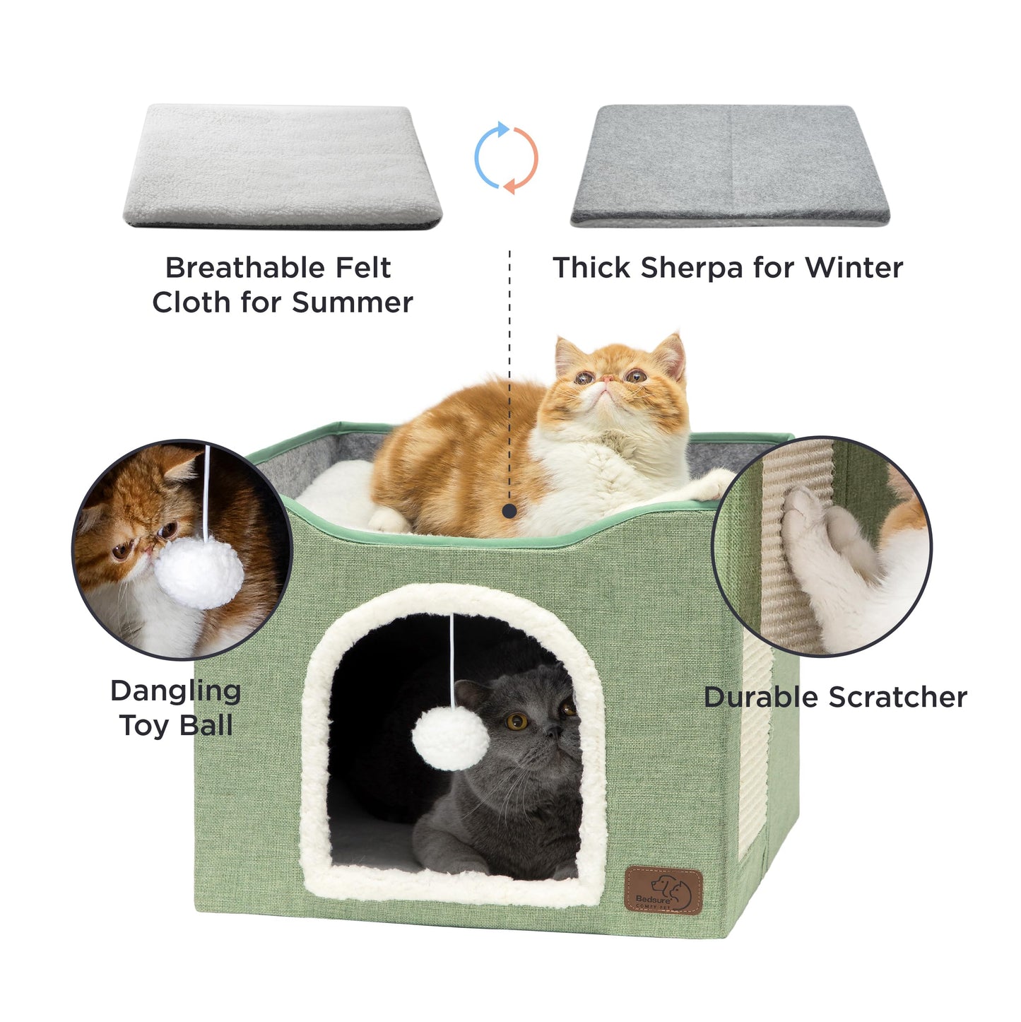 Bedsure Cat Beds for Indoor Cats - Large Cat Cave for Pet Cat House with Fluffy Ball Hanging and Scratch Pad, Foldable Cat Hideaway, 16.5x16.5x13 inches, Grey