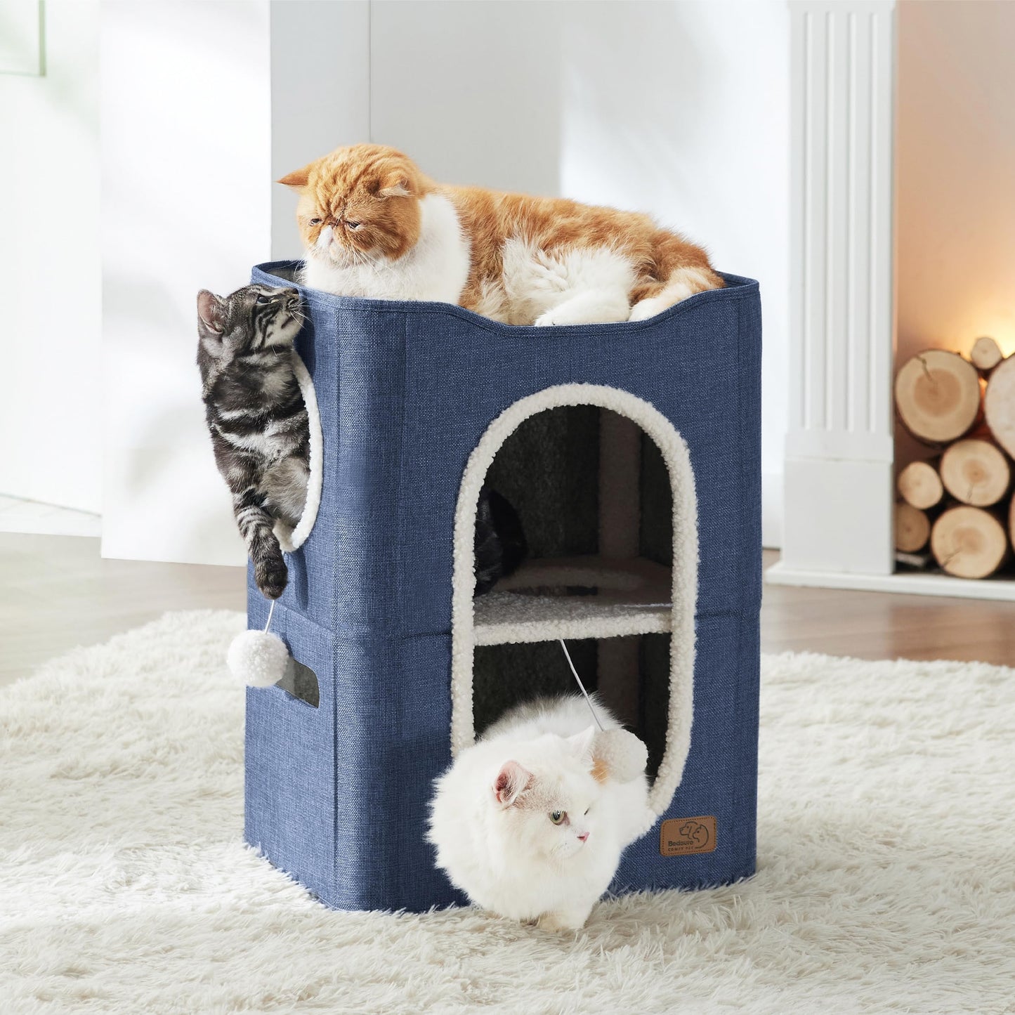 Bedsure Cat Beds for Indoor Cats - Large Cat Cave for Pet Cat House with Fluffy Ball Hanging and Scratch Pad, Foldable Cat Hideaway, 16.5x16.5x13 inches, Grey
