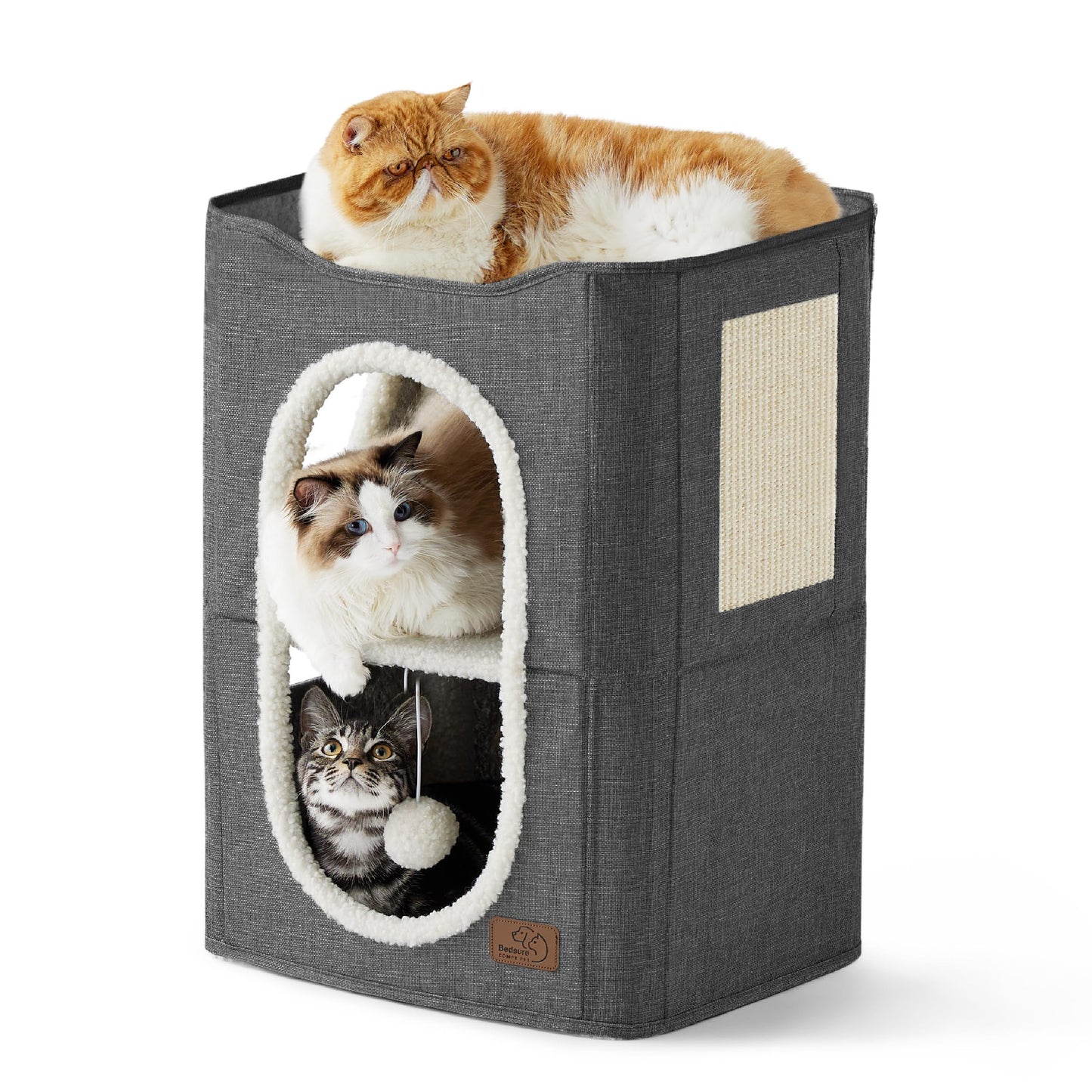 Bedsure Cat Beds for Indoor Cats - Large Cat Cave for Pet Cat House with Fluffy Ball Hanging and Scratch Pad, Foldable Cat Hideaway, 16.5x16.5x13 inches, Grey