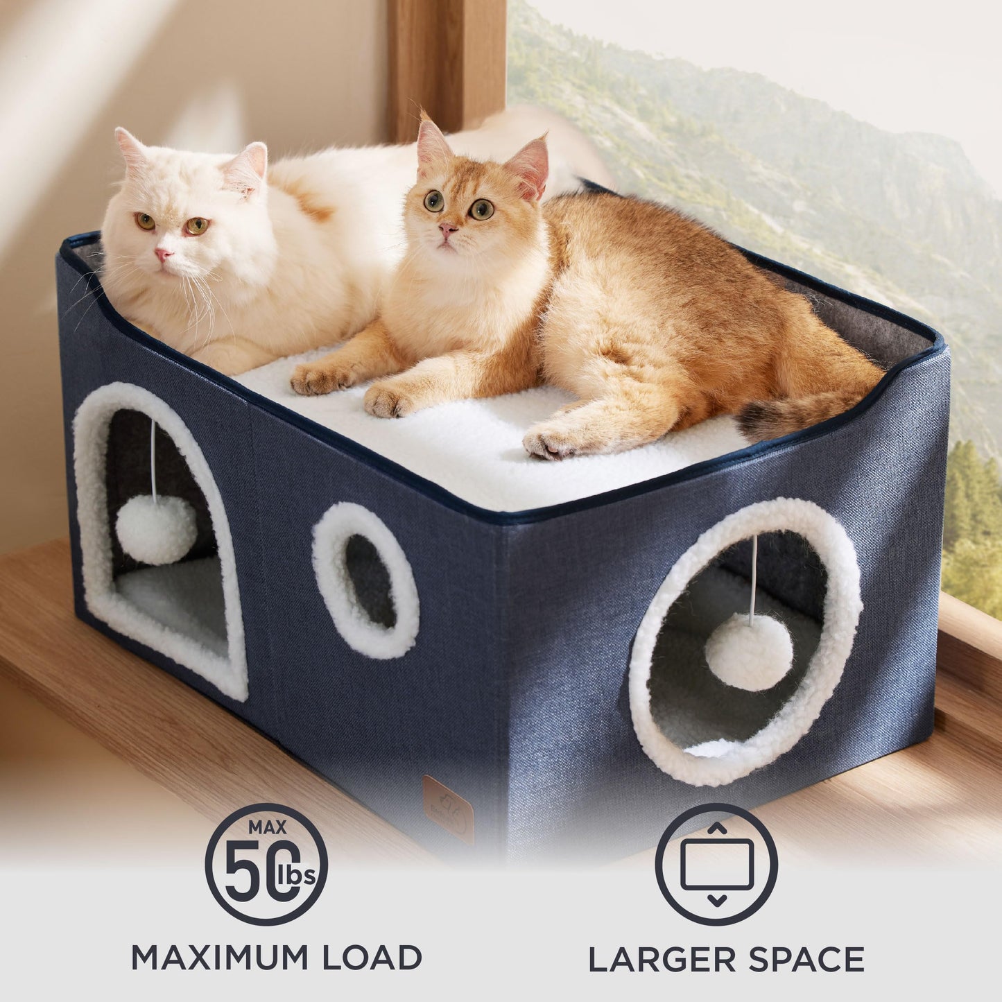 Bedsure Cat Beds for Indoor Cats - Large Cat Cave for Pet Cat House with Fluffy Ball Hanging and Scratch Pad, Foldable Cat Hideaway, 16.5x16.5x13 inches, Grey