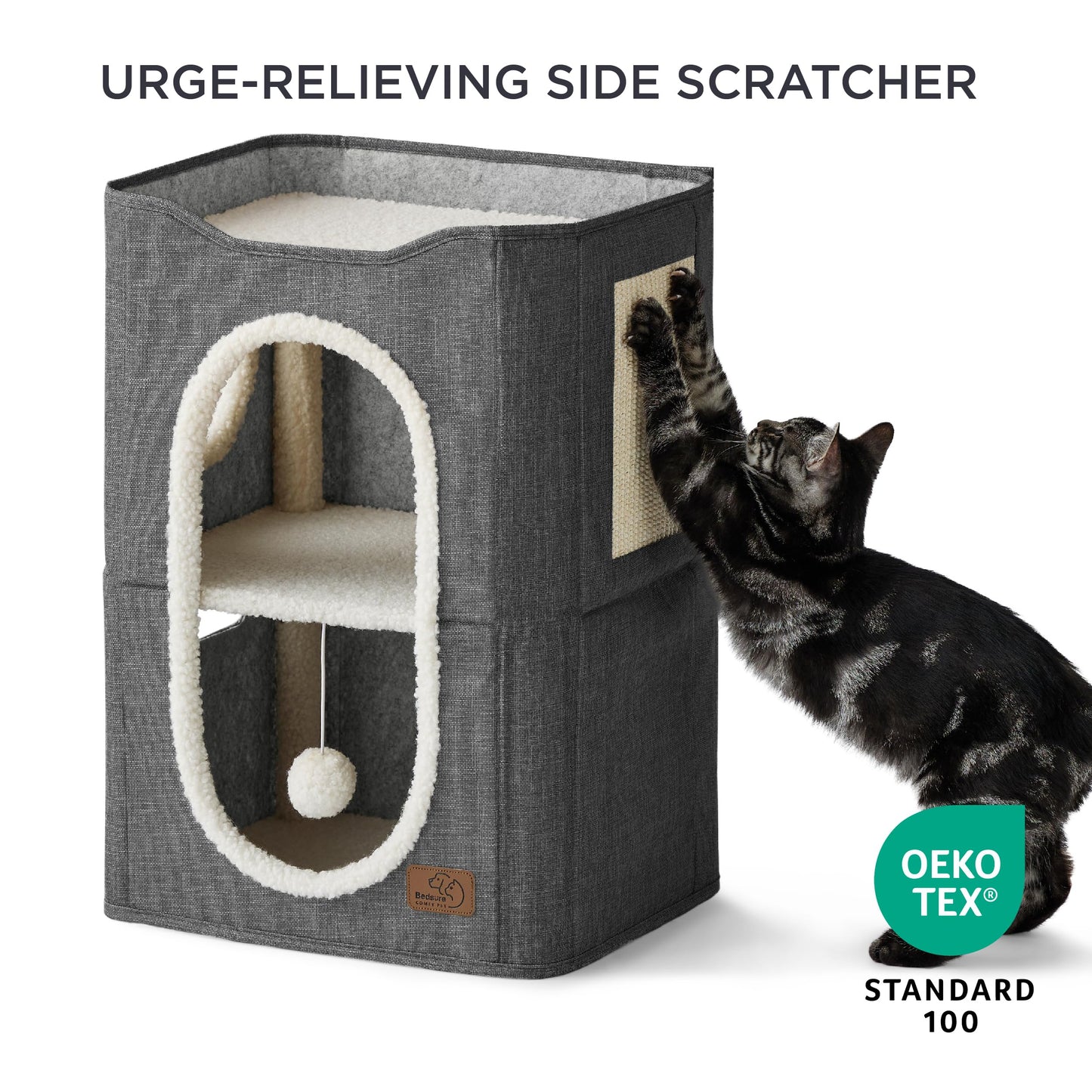 Bedsure Cat Beds for Indoor Cats - Large Cat Cave for Pet Cat House with Fluffy Ball Hanging and Scratch Pad, Foldable Cat Hideaway, 16.5x16.5x13 inches, Grey