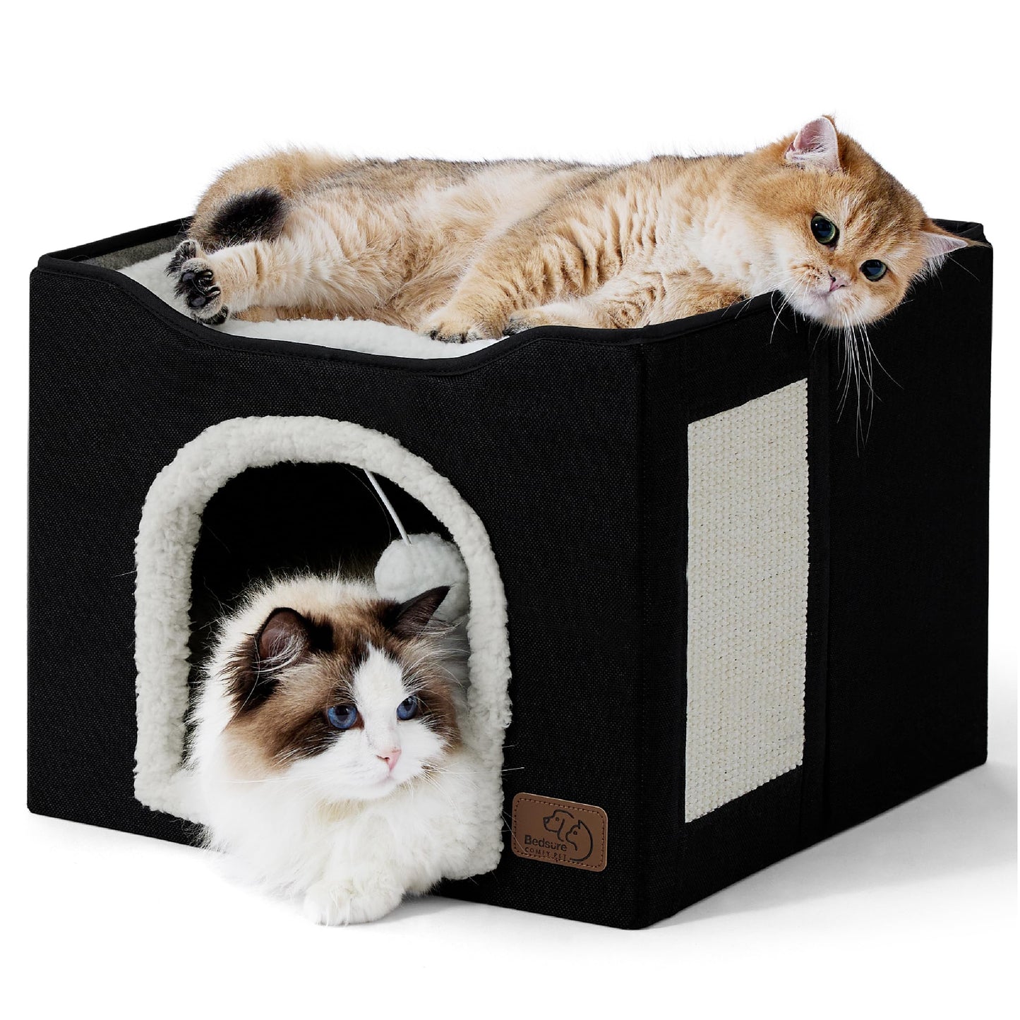 Bedsure Cat Beds for Indoor Cats - Large Cat Cave for Pet Cat House with Fluffy Ball Hanging and Scratch Pad, Foldable Cat Hideaway, 16.5x16.5x13 inches, Grey