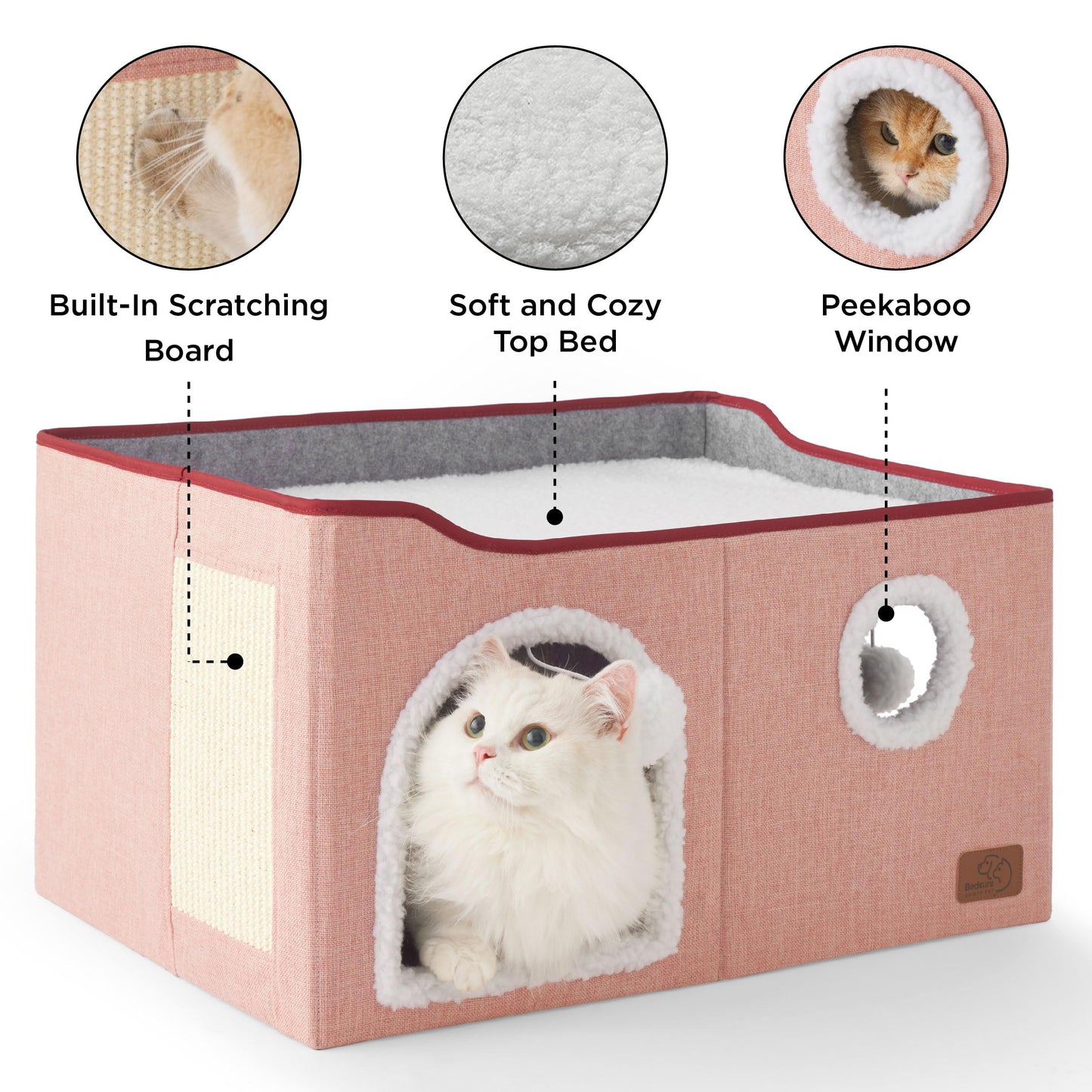 Bedsure Cat Beds for Indoor Cats - Large Cat Cave for Pet Cat House with Fluffy Ball Hanging and Scratch Pad, Foldable Cat Hideaway, 16.5x16.5x13 inches, Grey