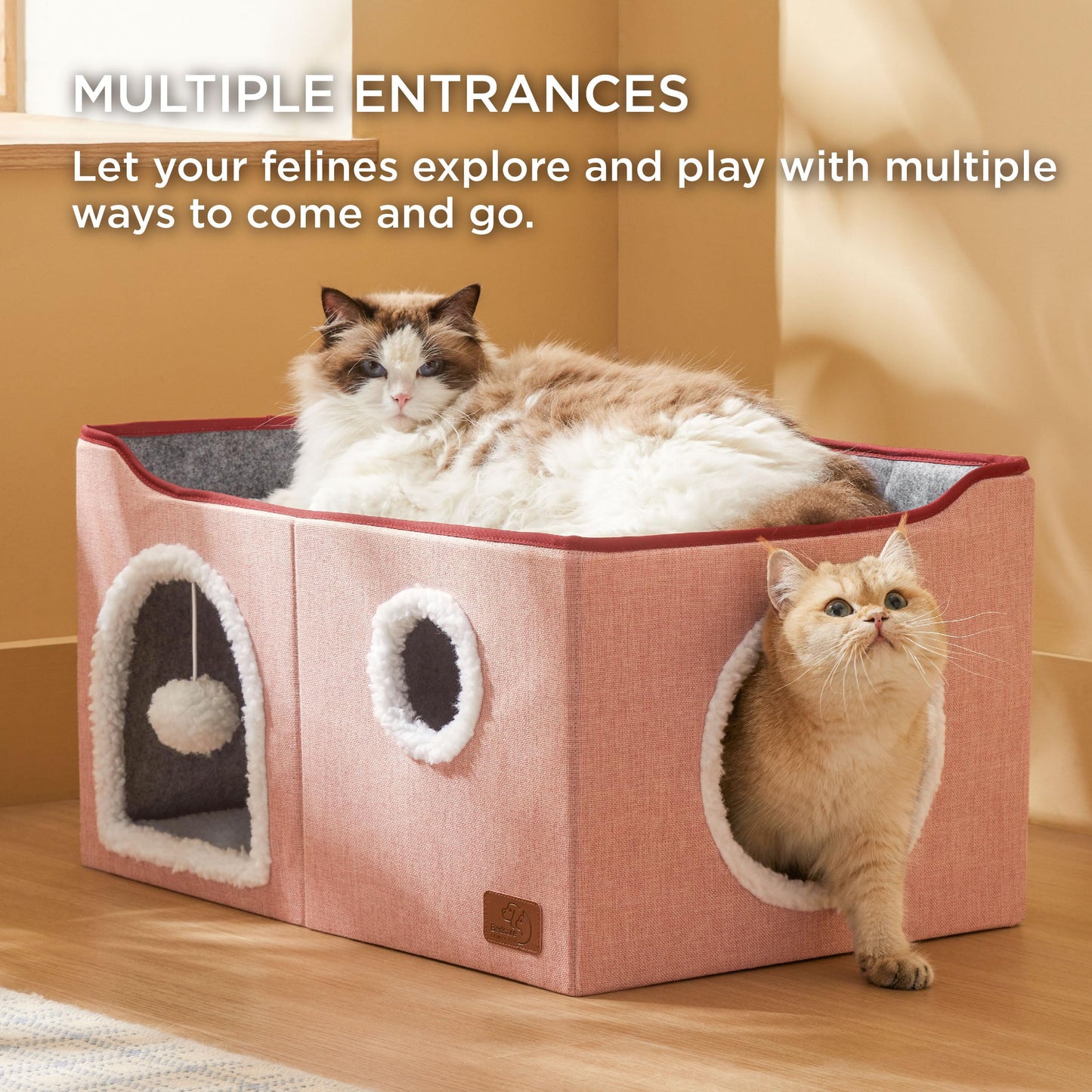 Bedsure Cat Beds for Indoor Cats - Large Cat Cave for Pet Cat House with Fluffy Ball Hanging and Scratch Pad, Foldable Cat Hideaway, 16.5x16.5x13 inches, Grey