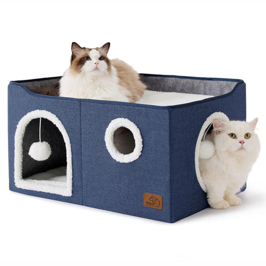 Bedsure Cat Beds for Indoor Cats - Large Cat Cave for Pet Cat House with Fluffy Ball Hanging and Scratch Pad, Foldable Cat Hideaway, 16.5x16.5x13 inches, Grey