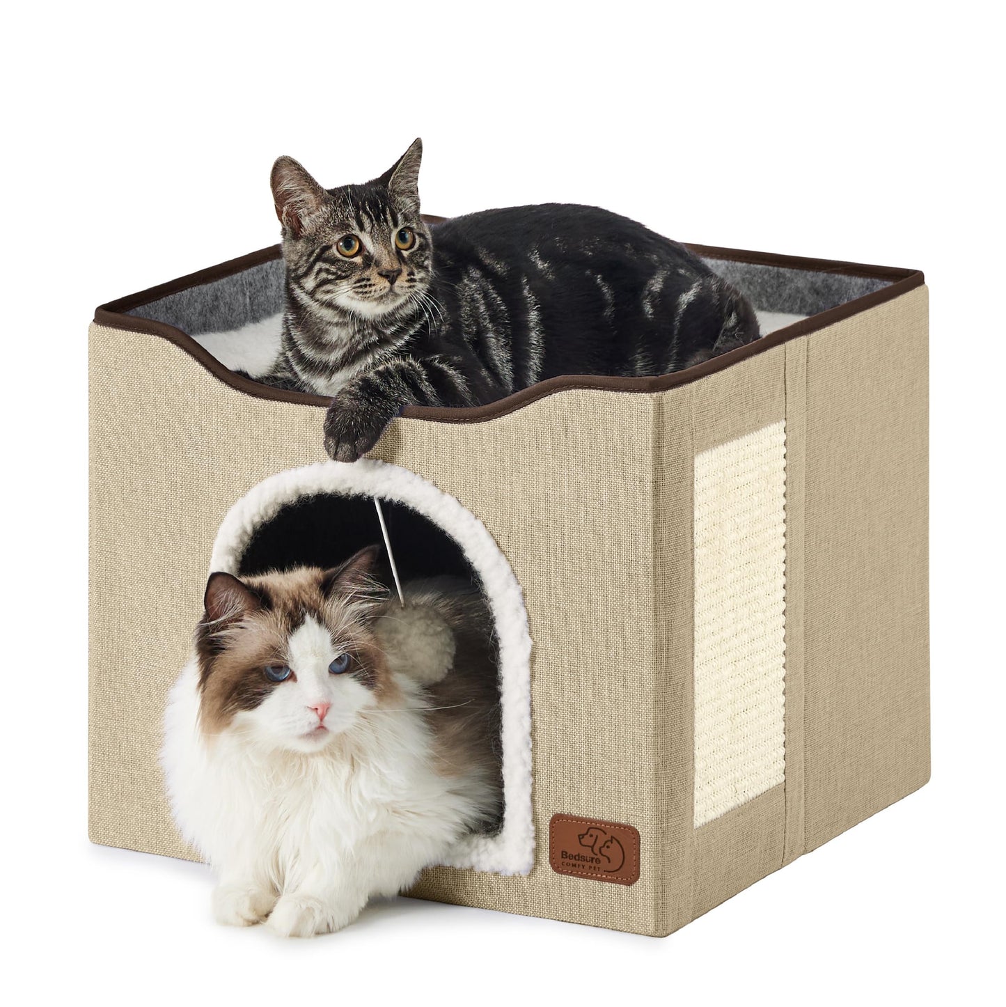 Bedsure Cat Beds for Indoor Cats - Large Cat Cave for Pet Cat House with Fluffy Ball Hanging and Scratch Pad, Foldable Cat Hideaway, 16.5x16.5x13 inches, Grey