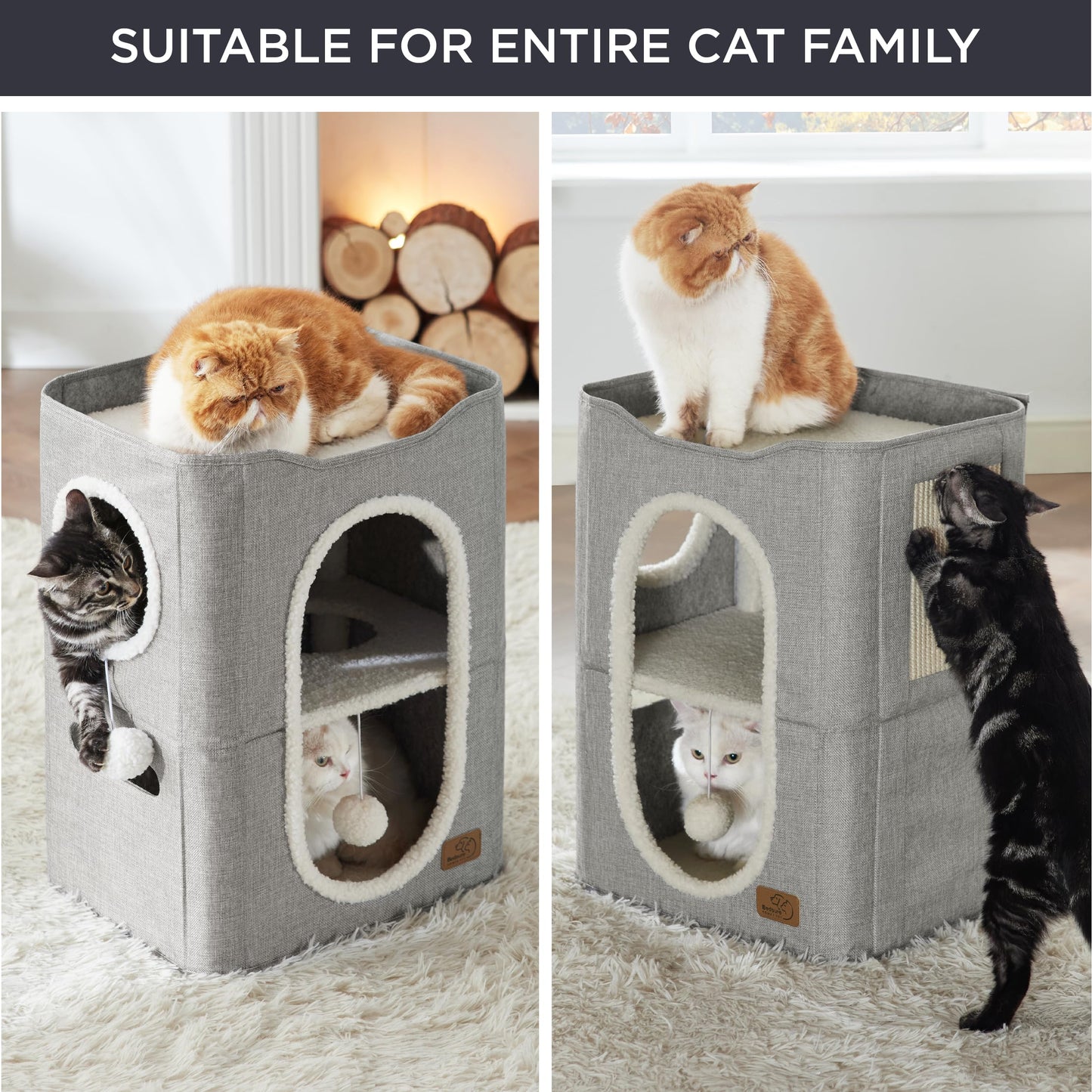 Bedsure Cat Beds for Indoor Cats - Large Cat Cave for Pet Cat House with Fluffy Ball Hanging and Scratch Pad, Foldable Cat Hideaway, 16.5x16.5x13 inches, Grey