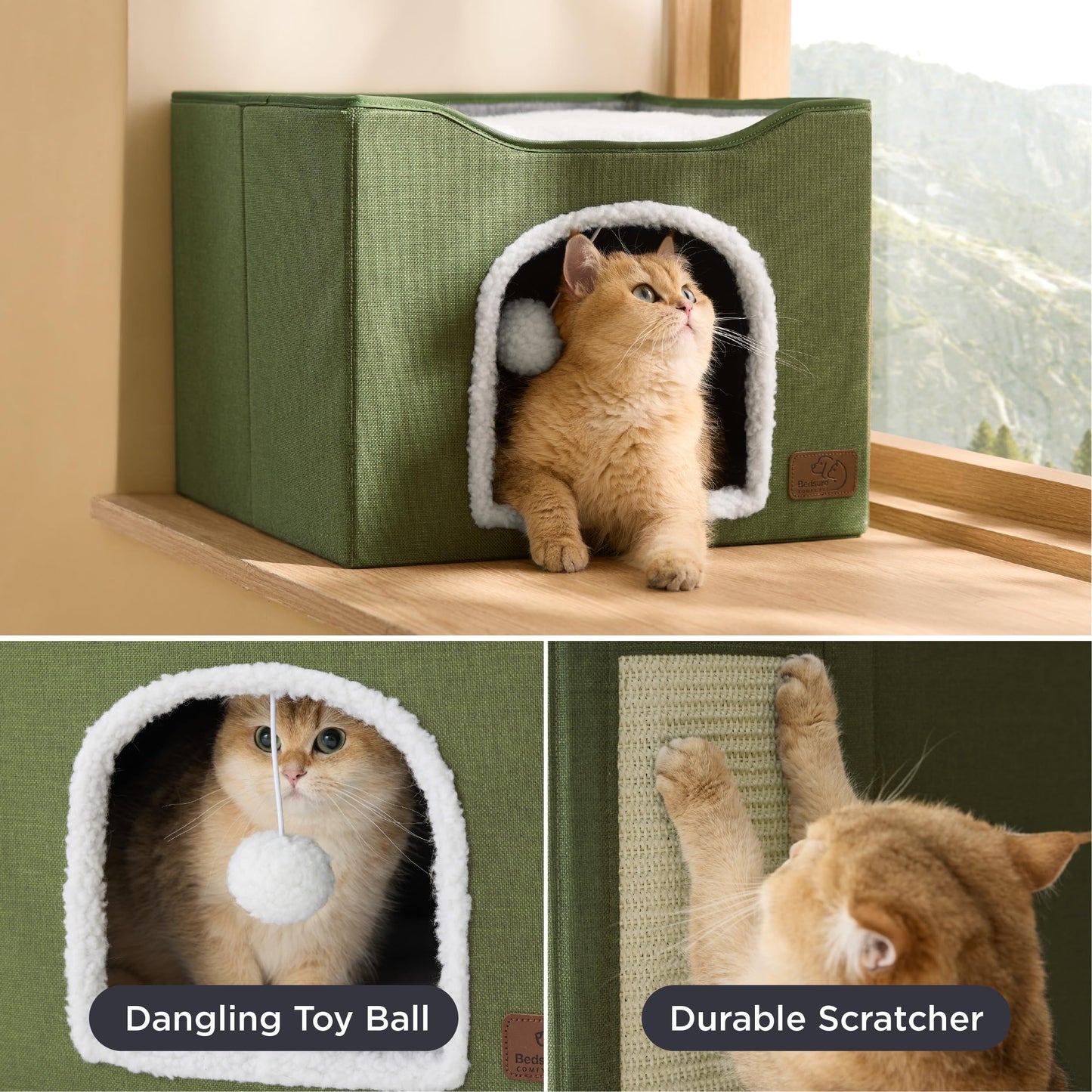 Bedsure Cat Beds for Indoor Cats - Large Cat Cave for Pet Cat House with Fluffy Ball Hanging and Scratch Pad, Foldable Cat Hideaway, 16.5x16.5x13 inches, Grey