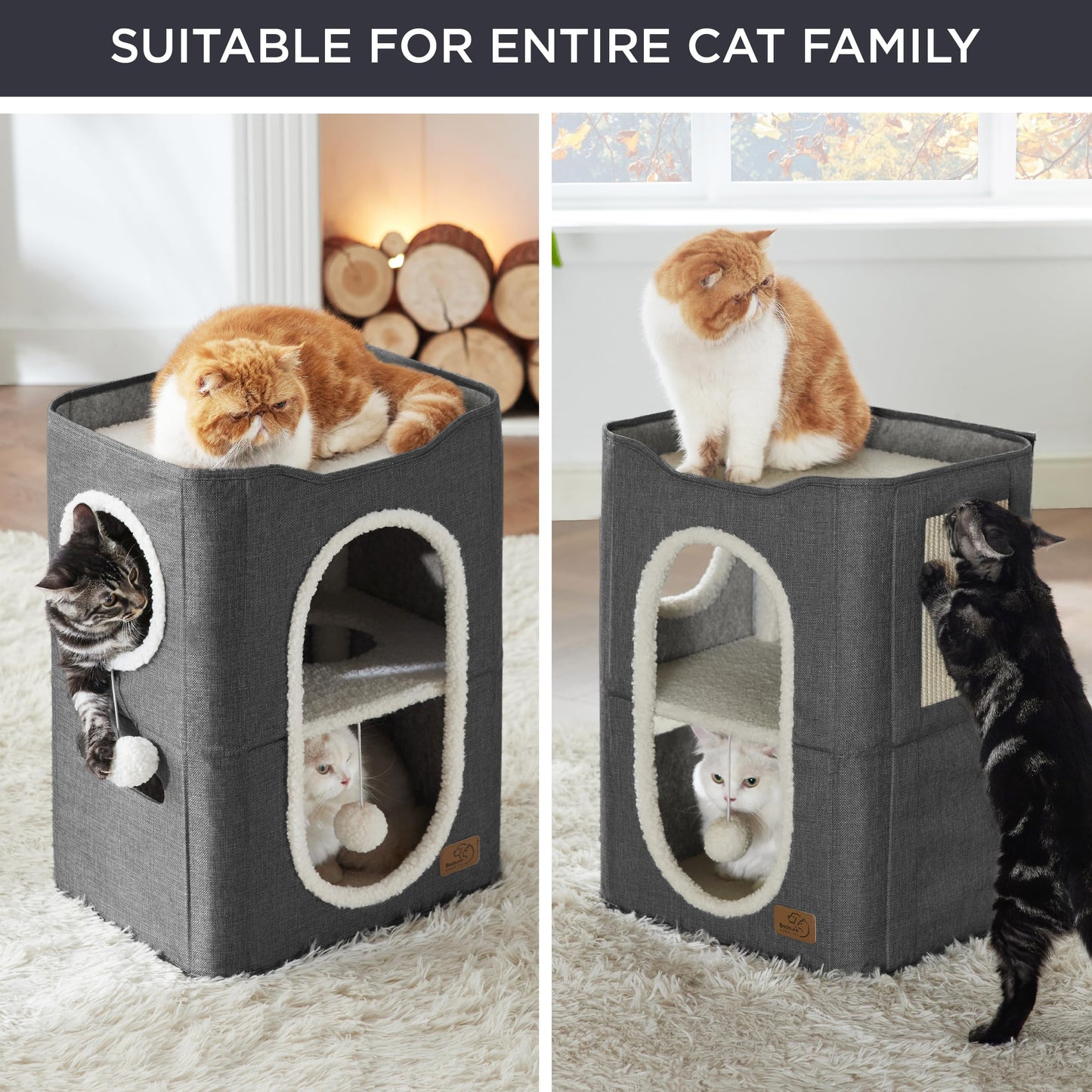 Bedsure Cat Beds for Indoor Cats - Large Cat Cave for Pet Cat House with Fluffy Ball Hanging and Scratch Pad, Foldable Cat Hideaway, 16.5x16.5x13 inches, Grey