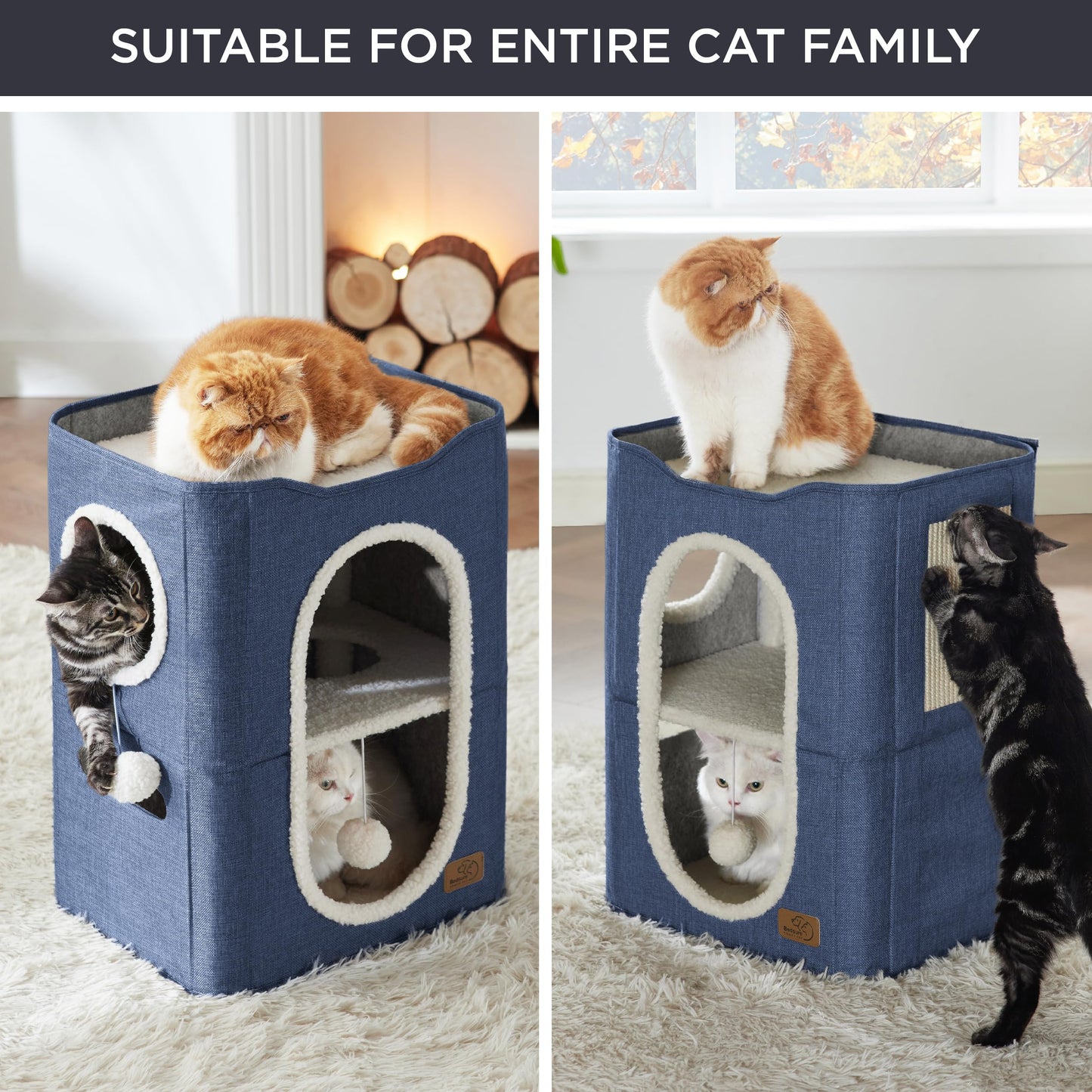 Bedsure Cat Beds for Indoor Cats - Large Cat Cave for Pet Cat House with Fluffy Ball Hanging and Scratch Pad, Foldable Cat Hideaway, 16.5x16.5x13 inches, Grey