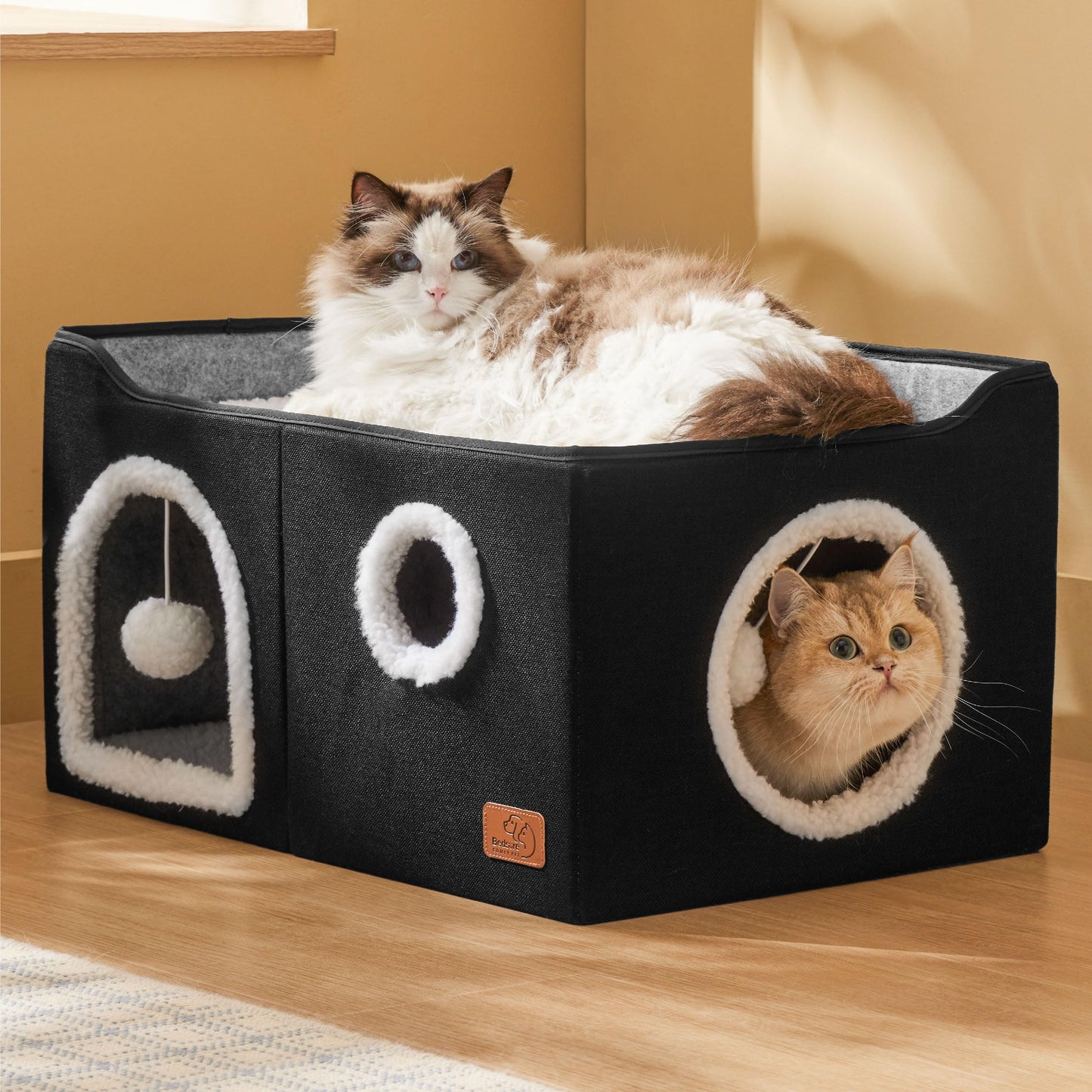 Bedsure Cat Beds for Indoor Cats - Large Cat Cave for Pet Cat House with Fluffy Ball Hanging and Scratch Pad, Foldable Cat Hideaway, 16.5x16.5x13 inches, Grey