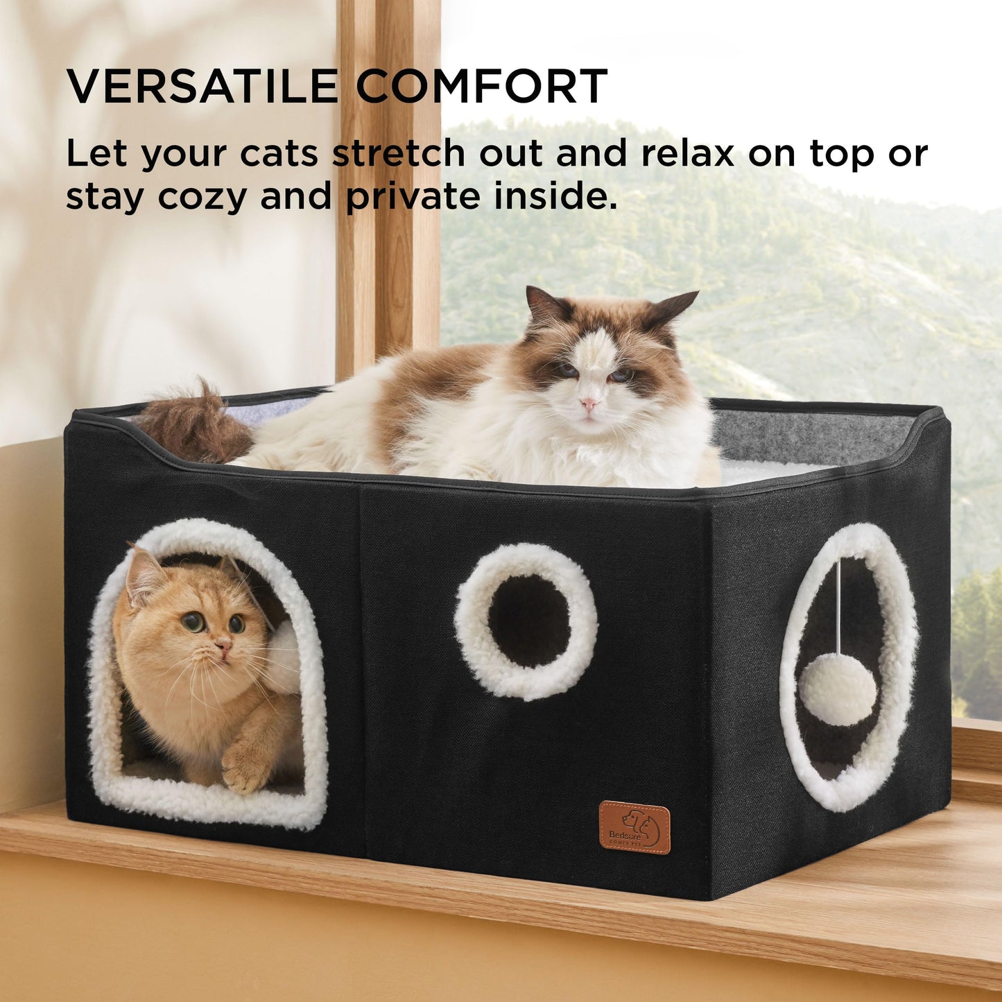Bedsure Cat Beds for Indoor Cats - Large Cat Cave for Pet Cat House with Fluffy Ball Hanging and Scratch Pad, Foldable Cat Hideaway, 16.5x16.5x13 inches, Grey