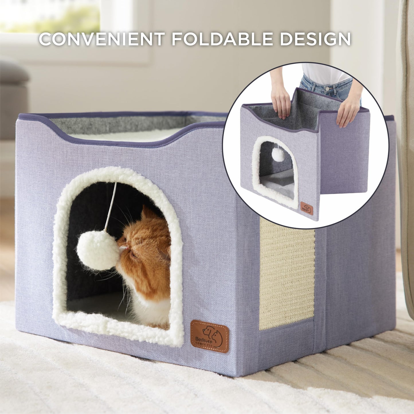 Bedsure Cat Beds for Indoor Cats - Large Cat Cave for Pet Cat House with Fluffy Ball Hanging and Scratch Pad, Foldable Cat Hideaway, 16.5x16.5x13 inches, Grey