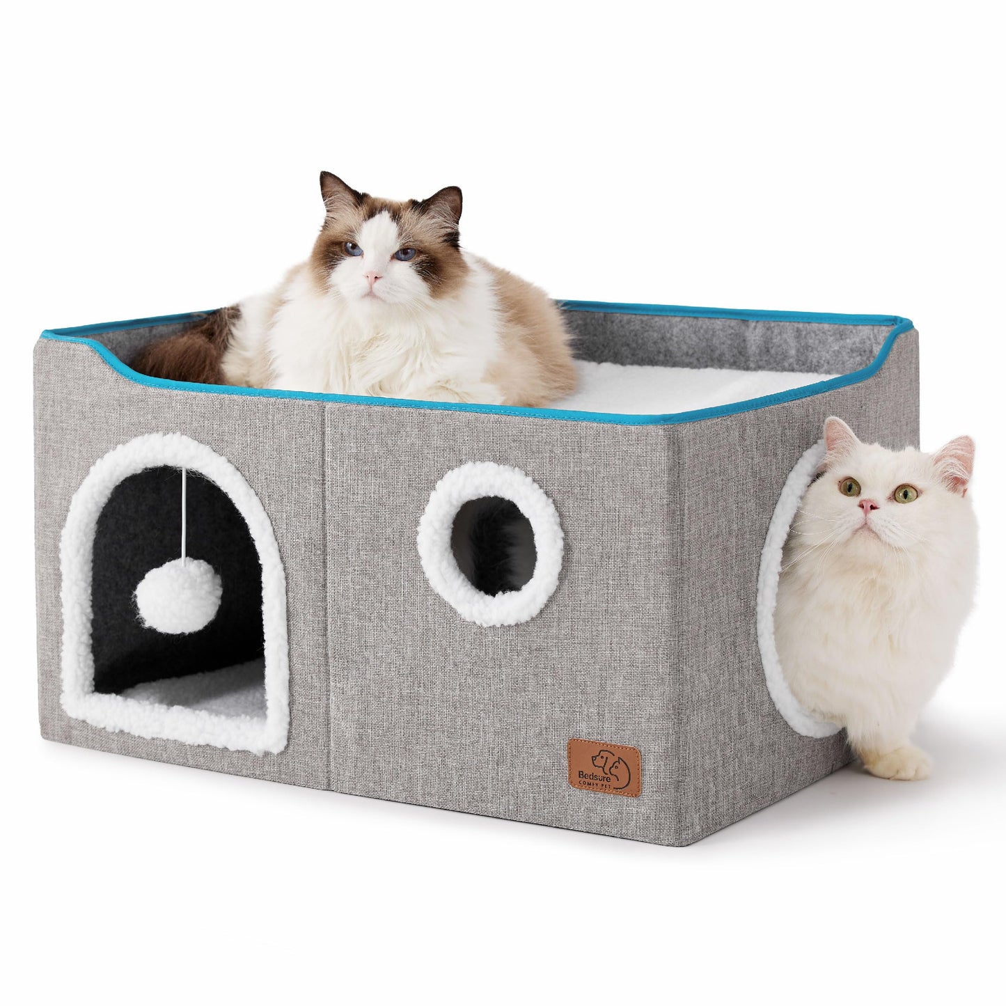 Bedsure Cat Beds for Indoor Cats - Large Cat Cave for Pet Cat House with Fluffy Ball Hanging and Scratch Pad, Foldable Cat Hideaway, 16.5x16.5x13 inches, Grey