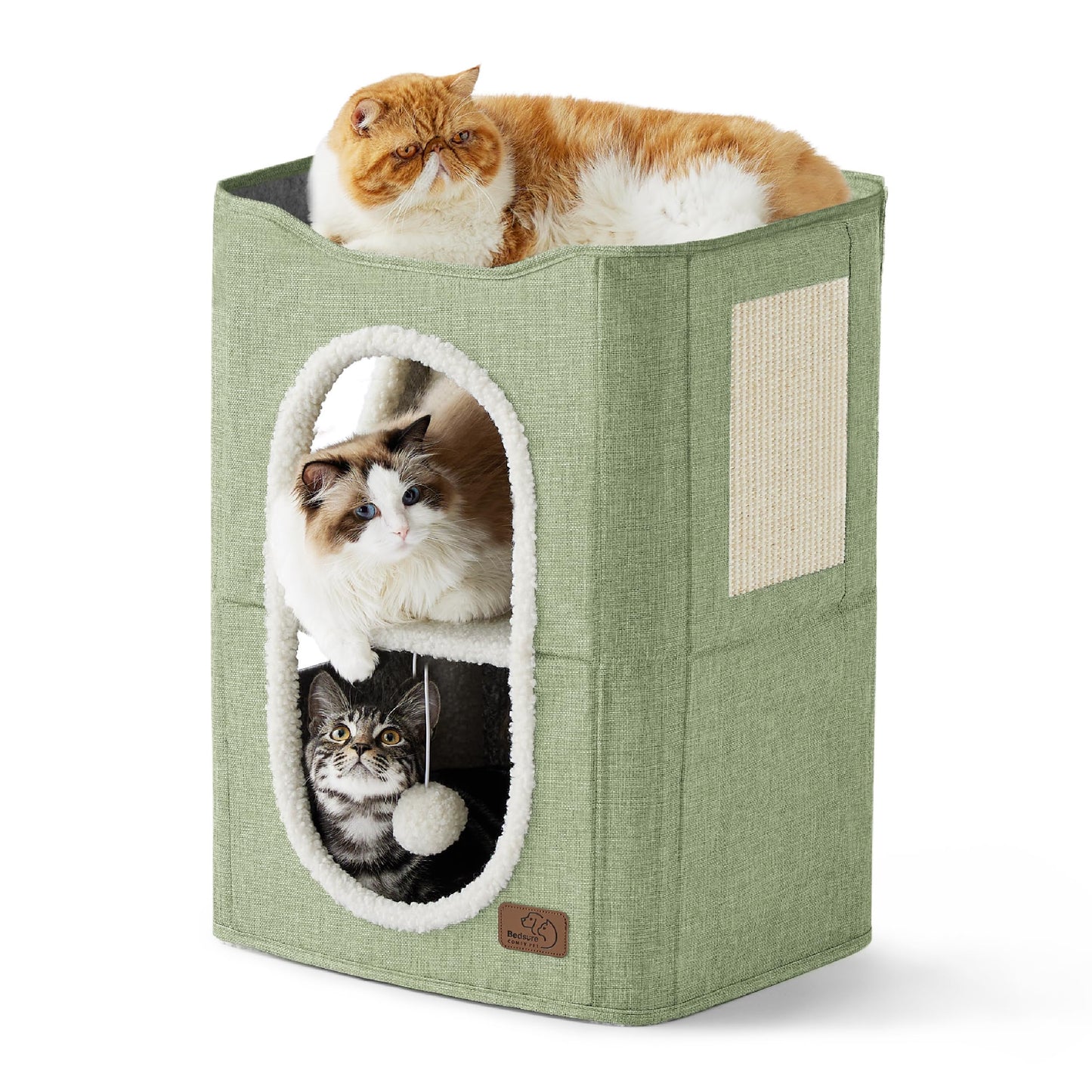 Bedsure Cat Beds for Indoor Cats - Large Cat Cave for Pet Cat House with Fluffy Ball Hanging and Scratch Pad, Foldable Cat Hideaway, 16.5x16.5x13 inches, Grey