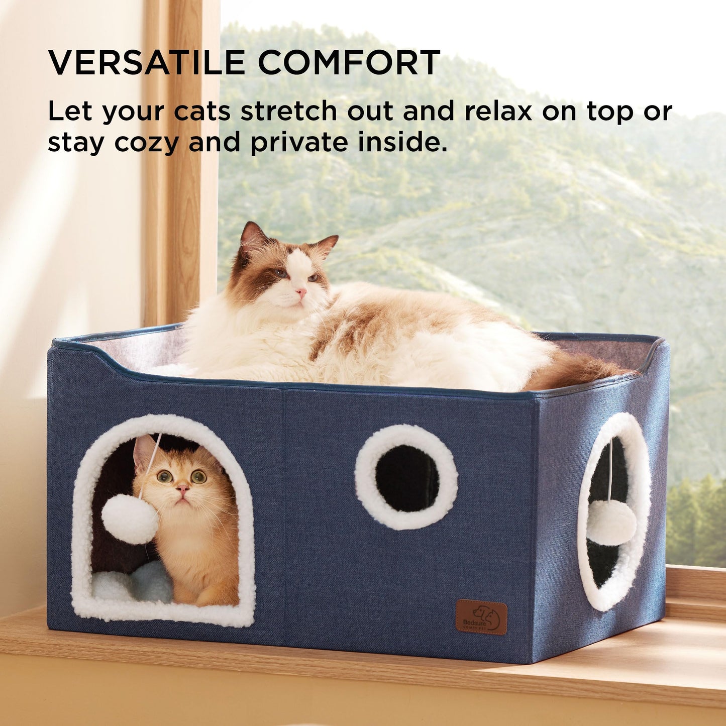 Bedsure Cat Beds for Indoor Cats - Large Cat Cave for Pet Cat House with Fluffy Ball Hanging and Scratch Pad, Foldable Cat Hideaway, 16.5x16.5x13 inches, Grey